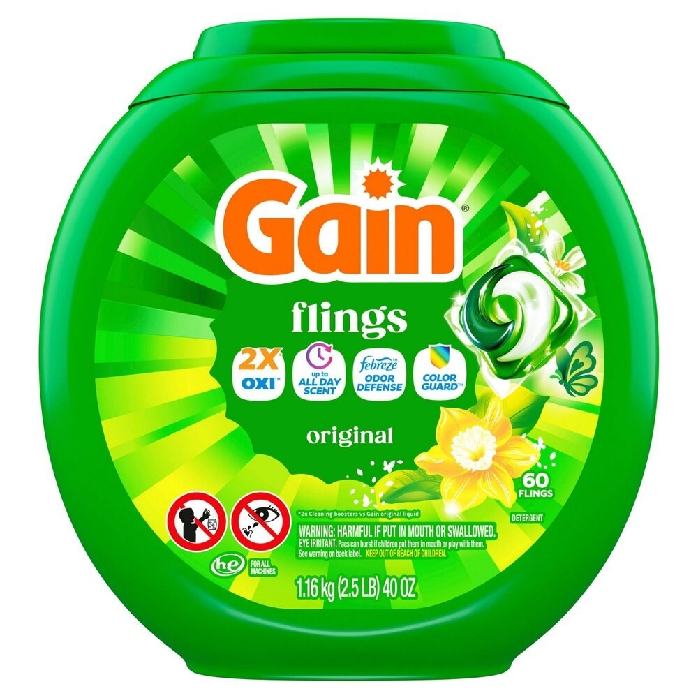 2 Pack Gain Flings 3-in-1 Oxi + Febreze Laundry Detergent, Original Scent, 60 ct