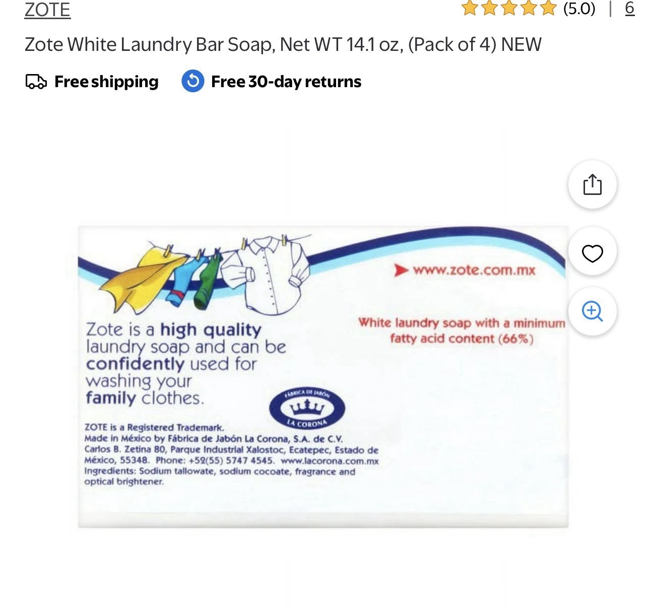 Zote White Laundry Bar Soap Optical Brightener 14.1oz Each (Pack of 4)