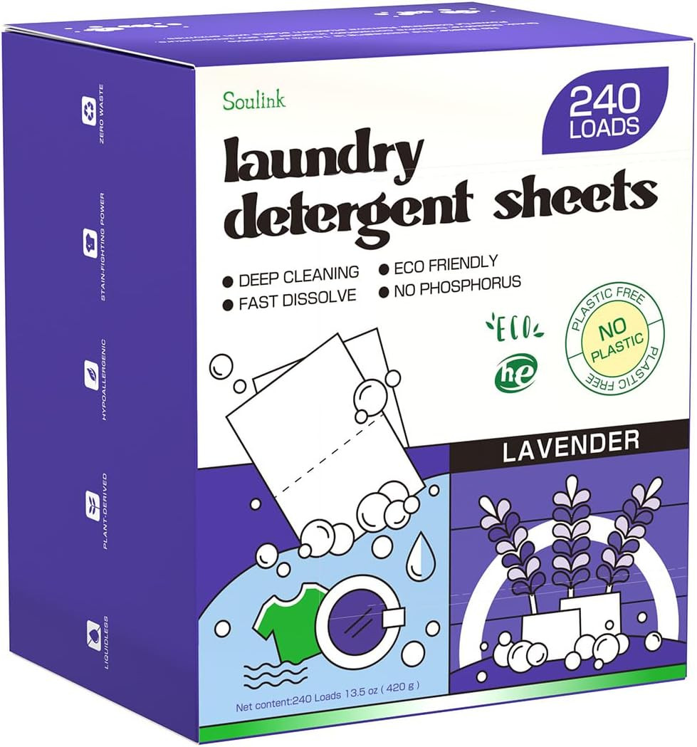 Soulink Lavender Laundry Detergent Sheets, 240 Loads – Eco-Friendly, Plant-Based