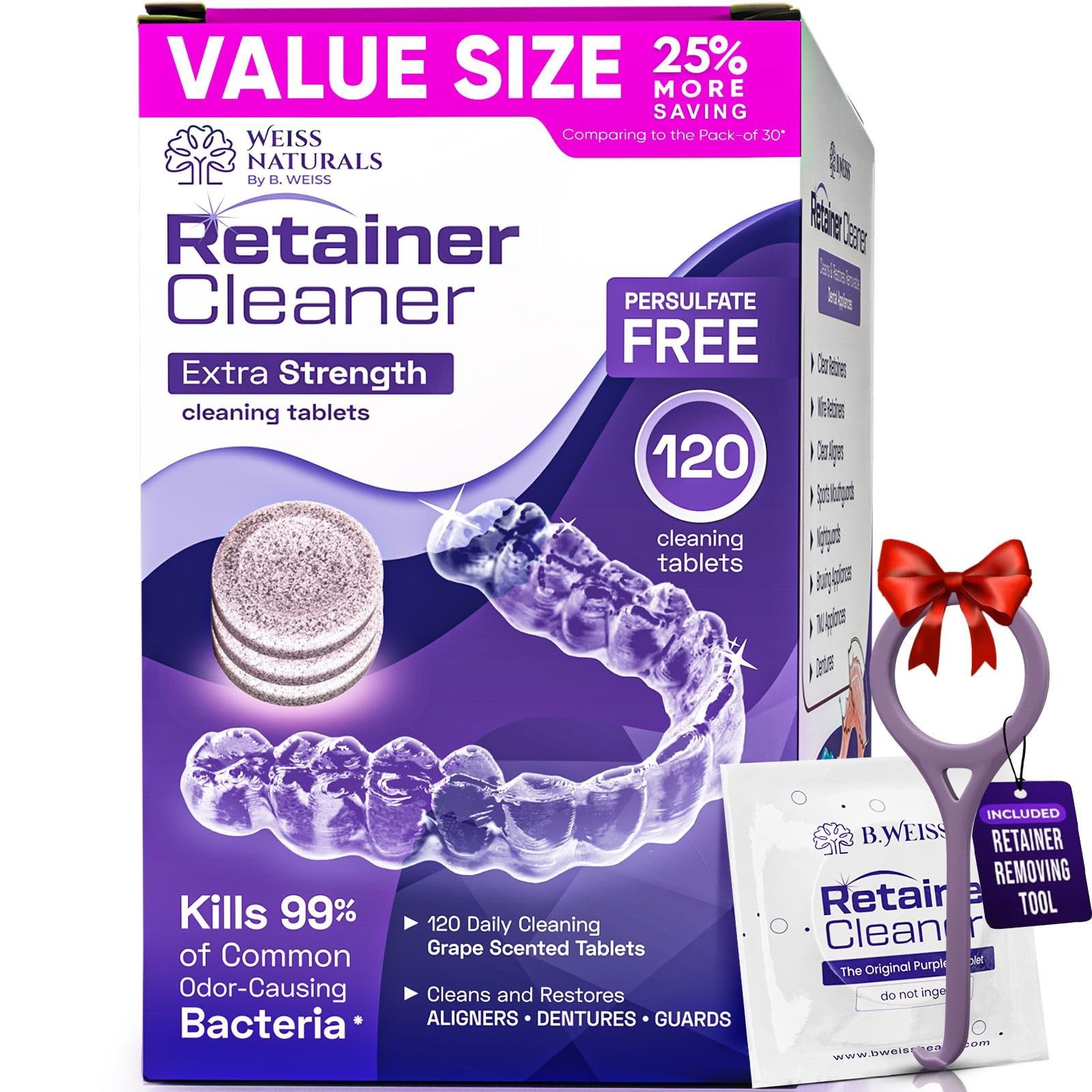 Weiss Naturals Retainer Cleaner Tablets, 120 Count (Pack of 1), Purple