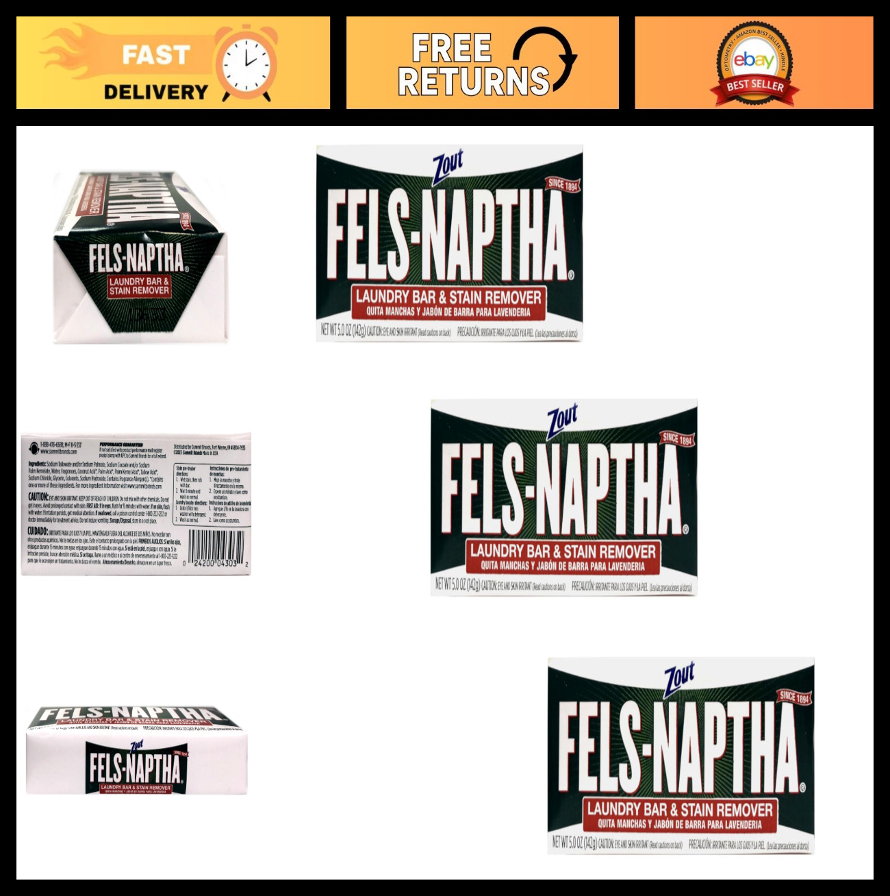 Laundry Stain Remover Bar – Fels Naptha 5oz (3 Pack) – Heavy Duty Cleaning Soap