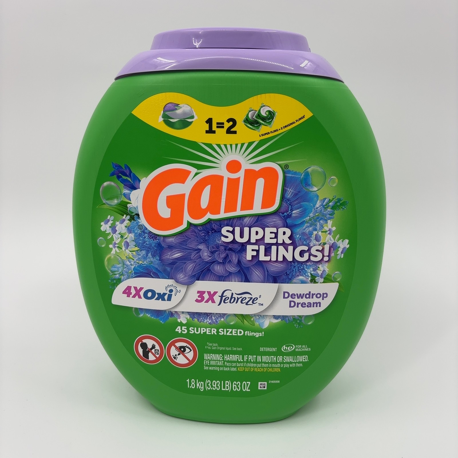 Gain Super Flings Laundry Detergent Pacs, 45 Count, Dewdrop Dream Scent
