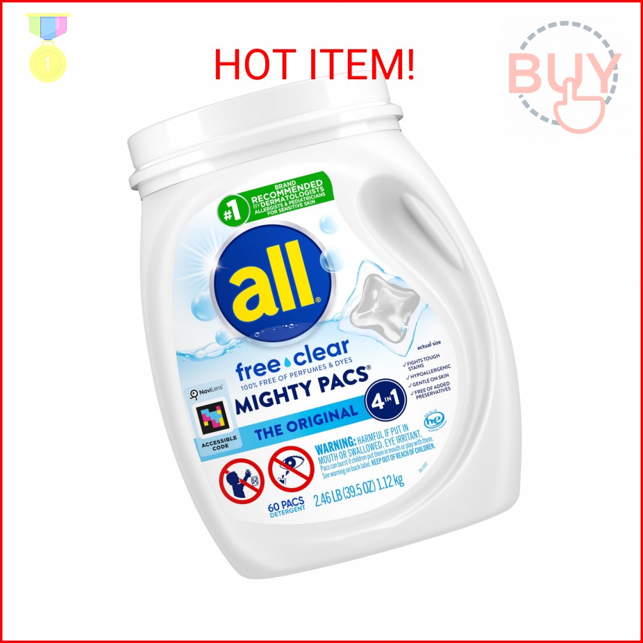 All Mighty Pacs Laundry Detergent, Free Clear for Sensitive Skin, Tub, 60 Count