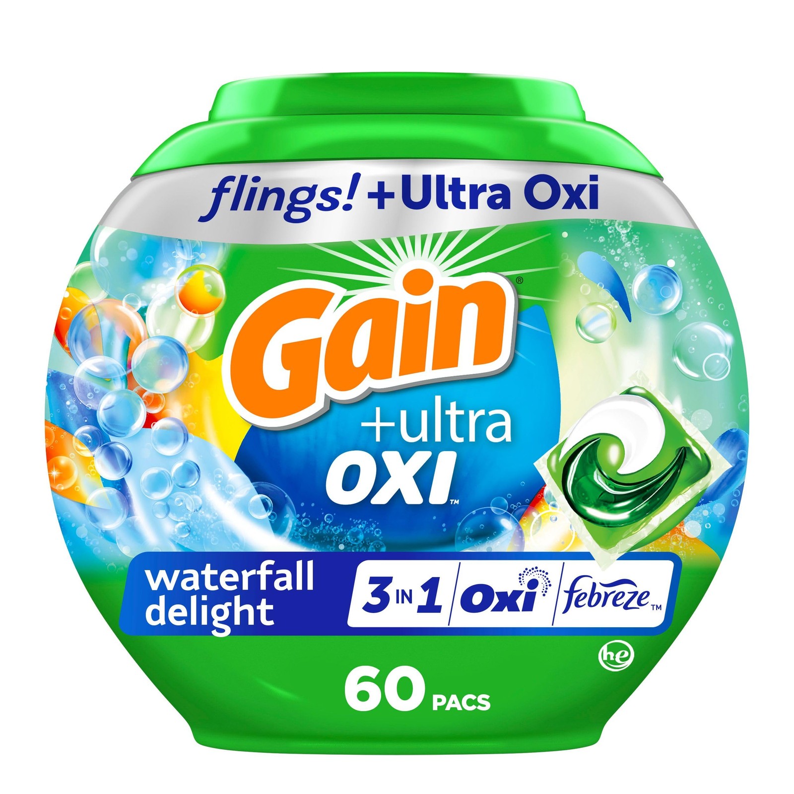 Gain flings Ultra Oxi Laundry Detergent Pacs, 60 Count, Waterfall Delight Sce…