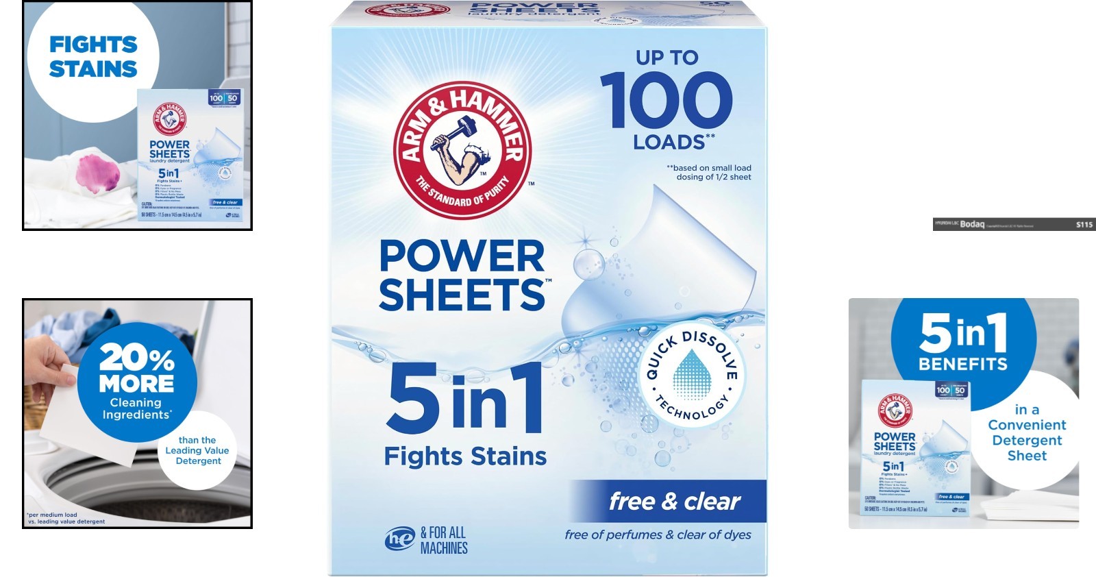 5in1 Free & Clear Laundry Sheets – Cleans 100 Loads, Quick Dissolve Technology