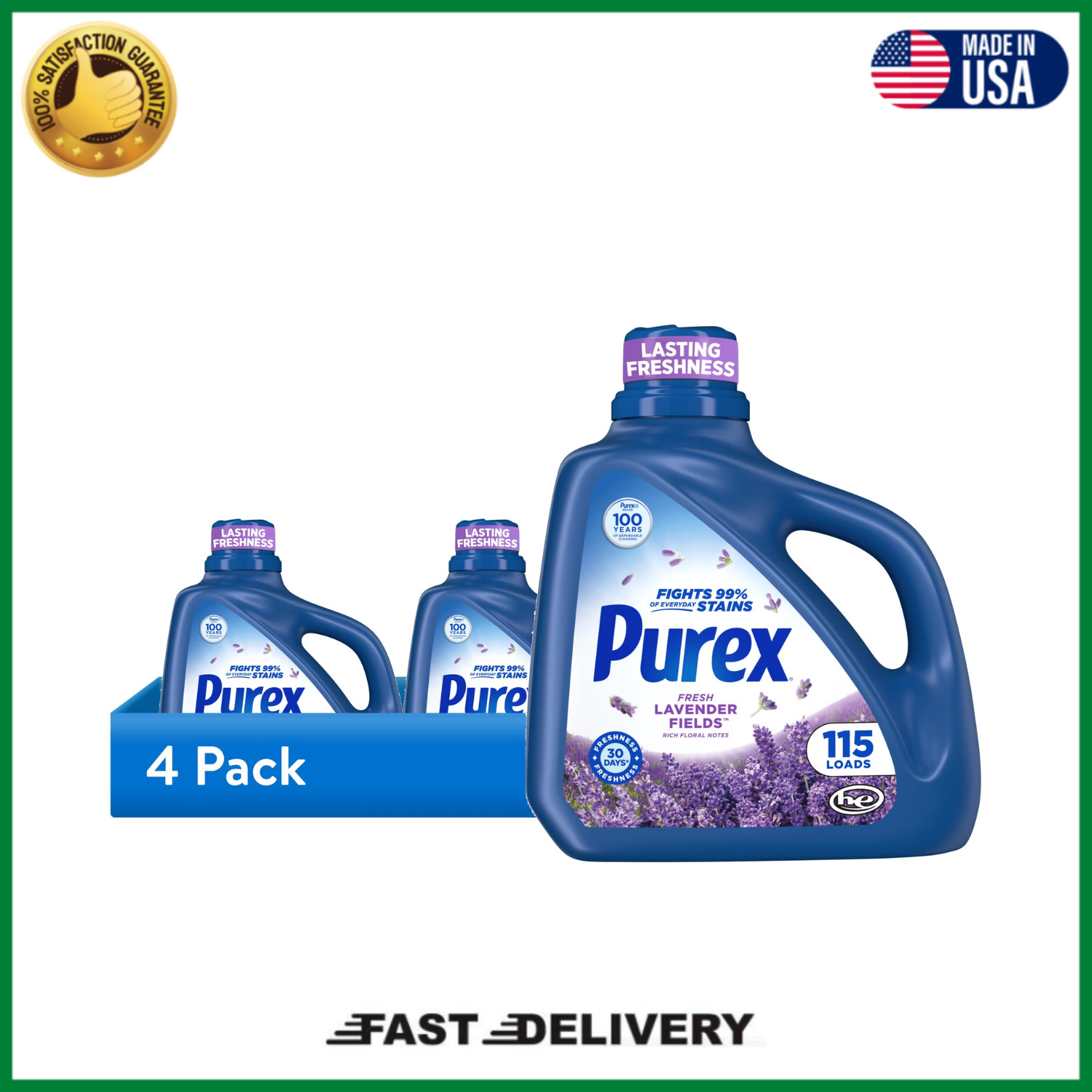 (4 pack) Purex Fresh Lavender Fields Liquid Detergent, 150 fl oz, 115 loads