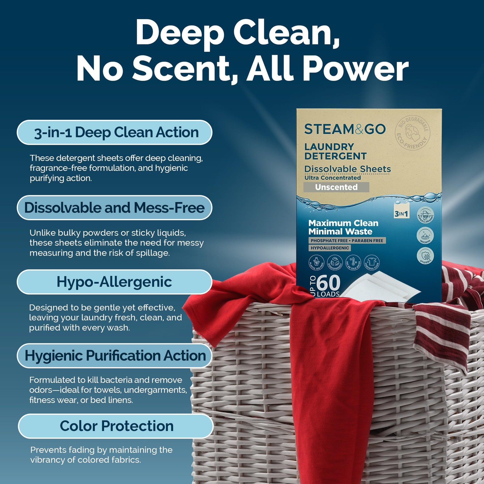 Steam & Go 3-in-1 Dissolvable Laundry Detergent Sheets – Hypoallergenic & Fra…