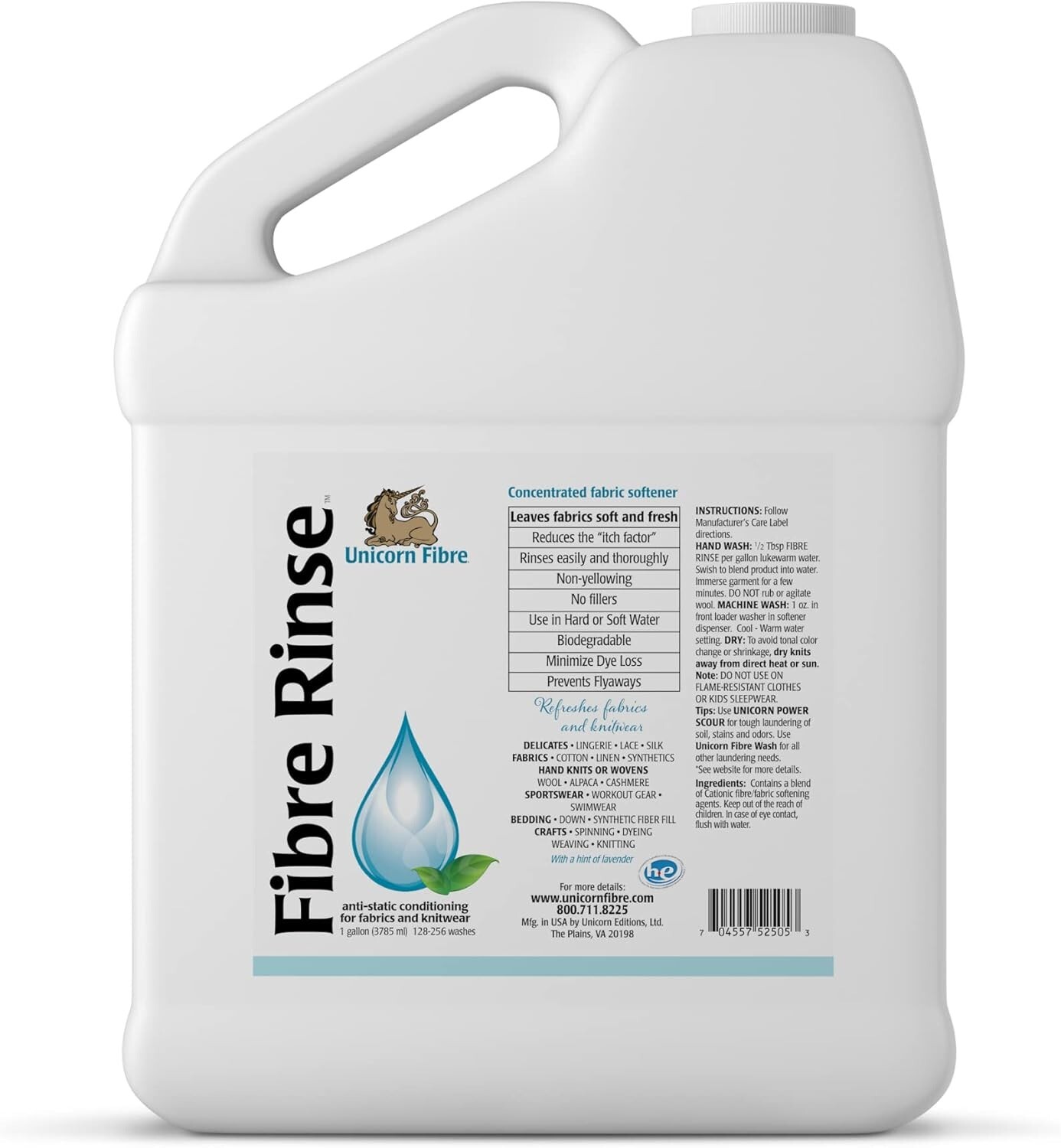 UNICORN FIBRE RINSE. Anti-Static Conditioning for Wool, Knits 1 GALLON