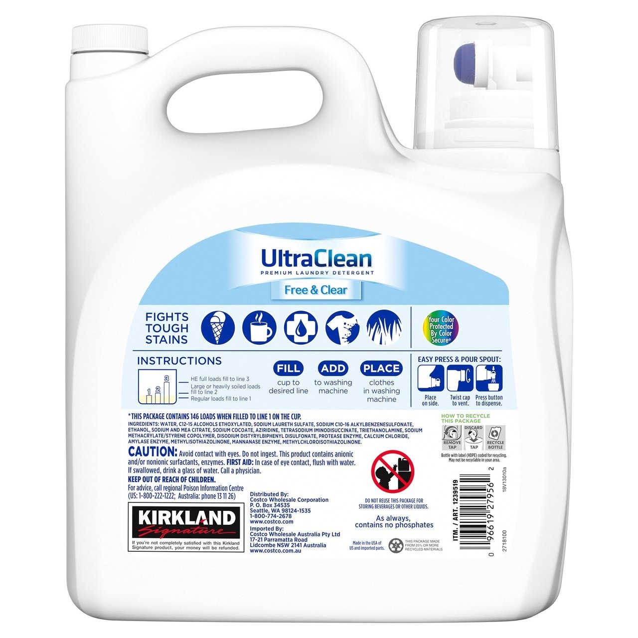 Kirkland Signature Ultra Clean Free & Clear Laundry Detergent 194 oz 146 Loads H