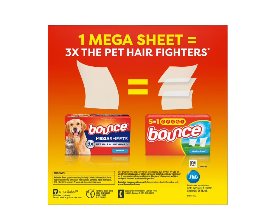 2 PACK bounce Pet Hair & Lint Guard MEGA DRYER SHEETS with 3X Pet Hair Fighter