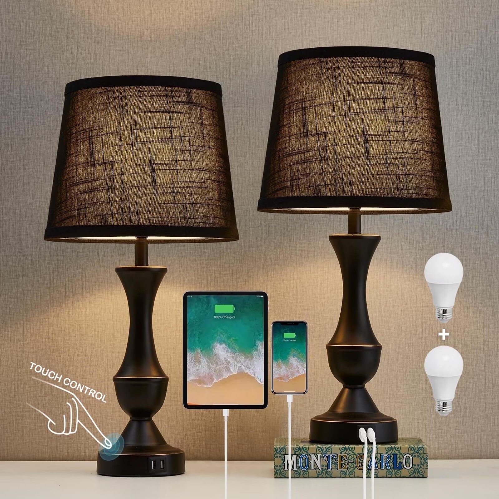 NATYSWAN Table Lamps for Bedrooms Set of 2, Touch Bedside Lamps Fast Delivery
