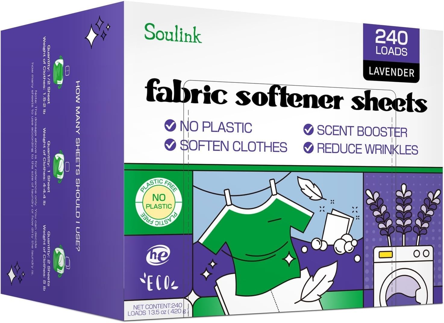 Travel-Friendly Lavender Fabric Softener Sheets – 240 Loads, Safe and Effective