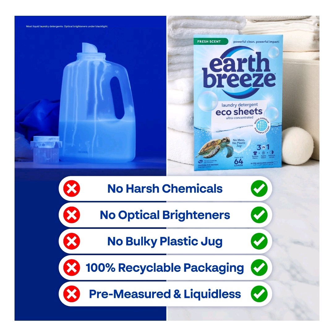 Earth Breeze Laundry Detergent Sheets, Fresh Scent Eco Sheets 30 Count 60 Loads.