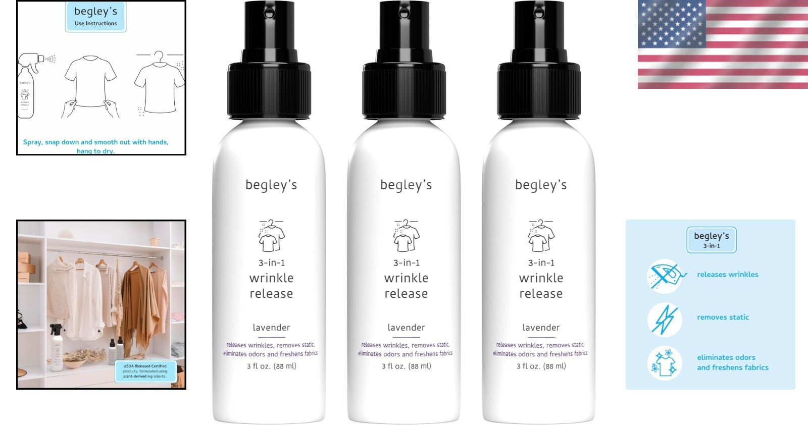 Travel-Size Lavender Fabric Refresher – No-Iron Wrinkle Release Spray, 3 Pack