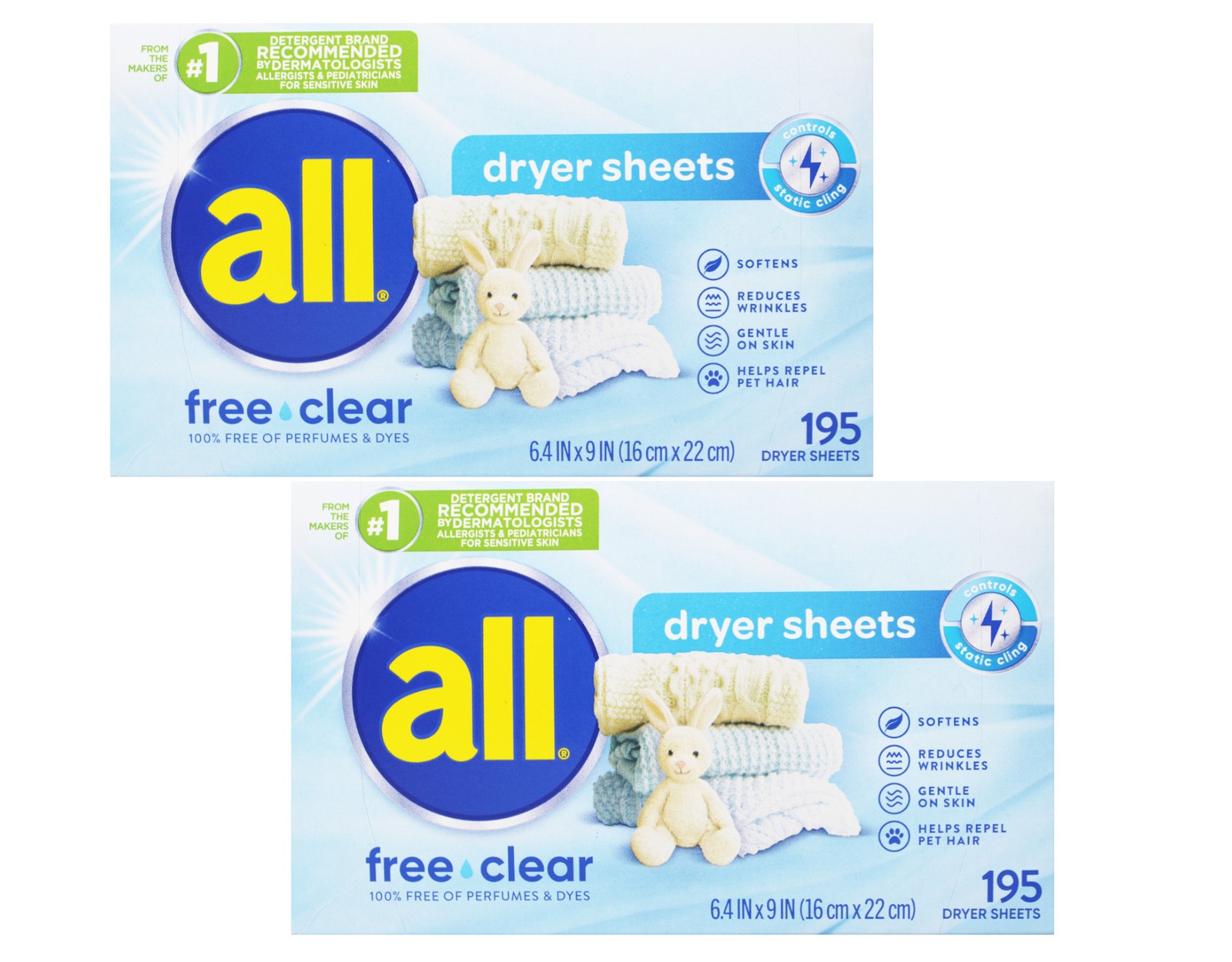 all Fabric Softener Dryer Sheets for Sensitive Skin Free Clear 195 Count 2 Pack