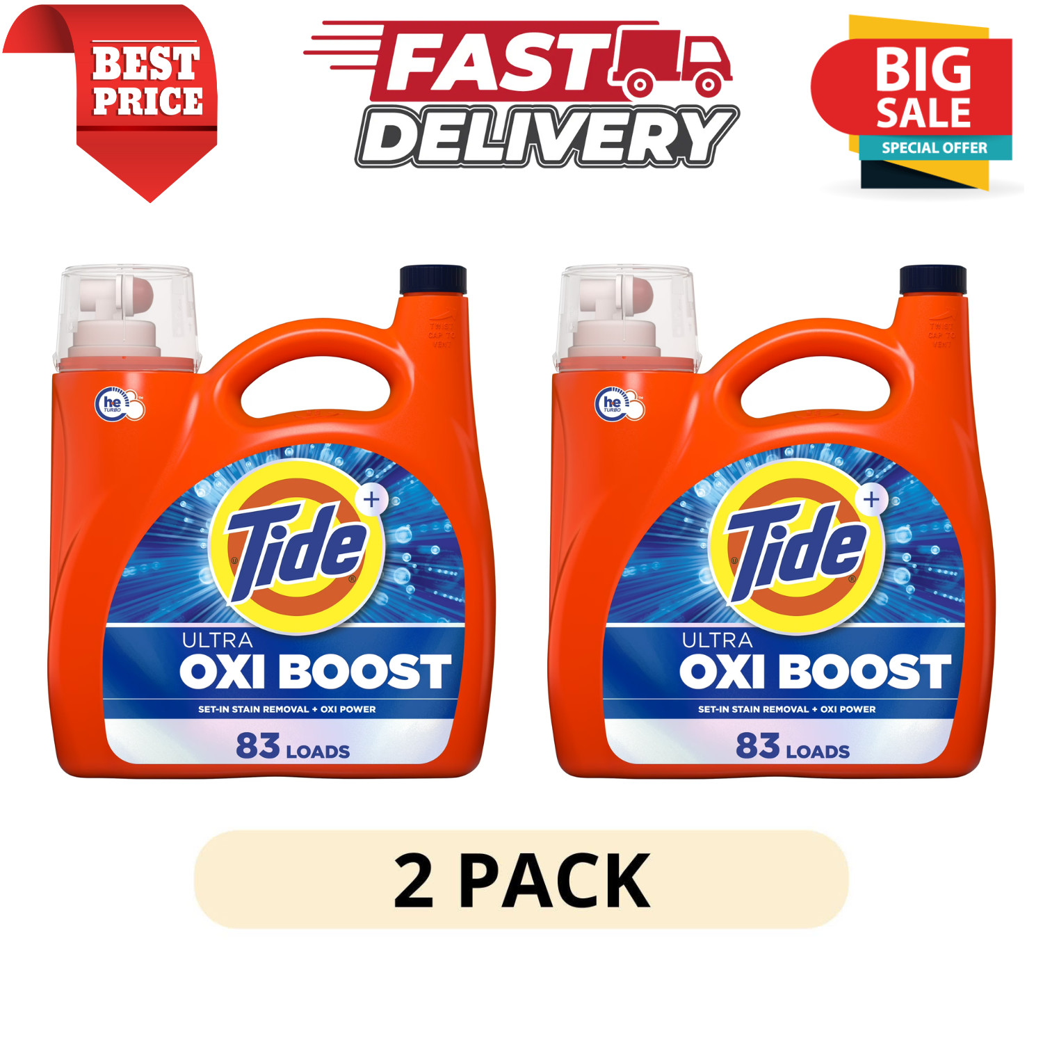 (2 Pack) Tide Ultra Oxi Boost Laundry Detergent Liquid 83 Loads 117 fl oz Bottle