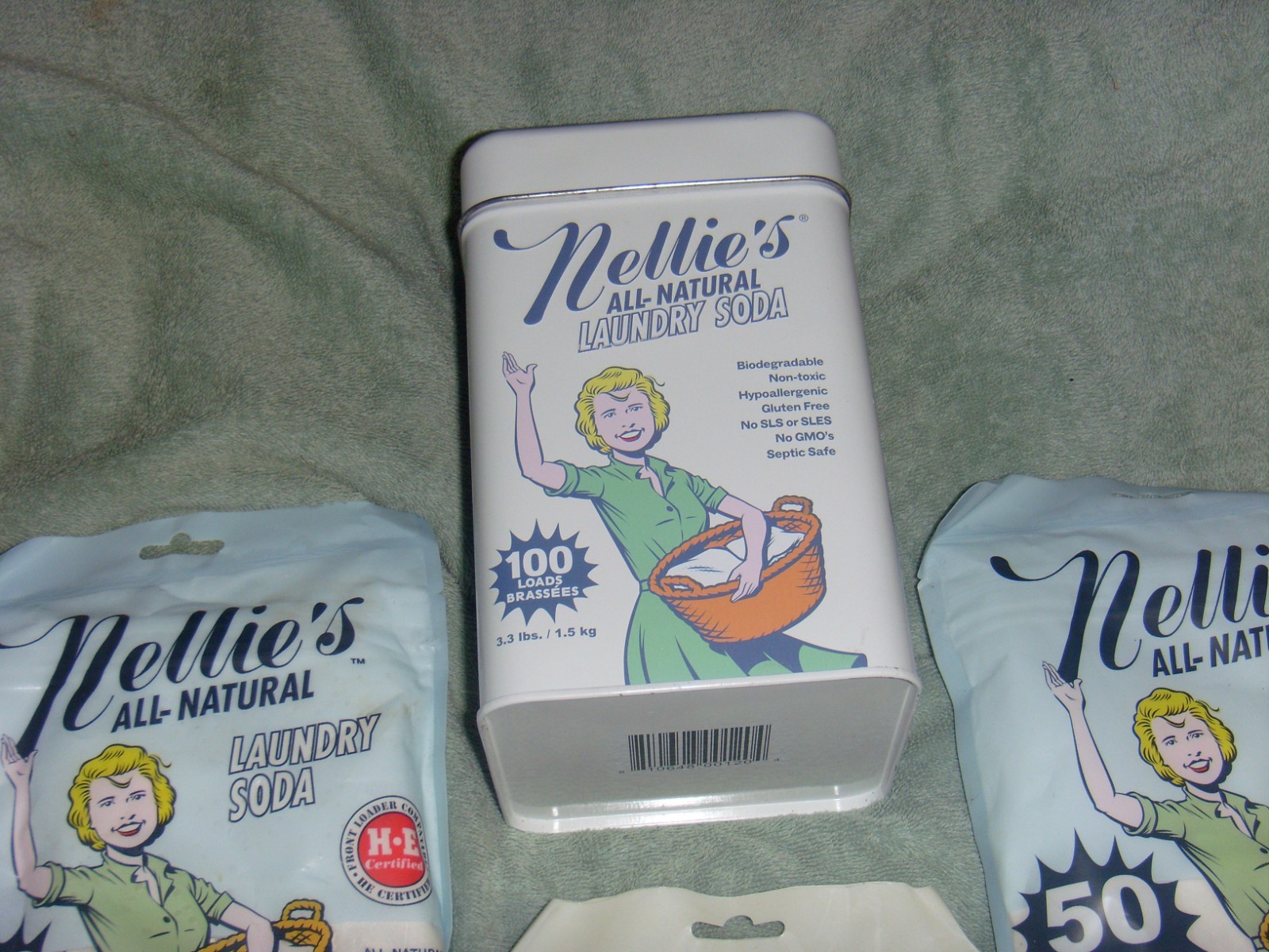 Nellie’s Laundry Soda Lot w/ 100-Load Tin + 2×50 Refills & Oxygen Brightener NEW
