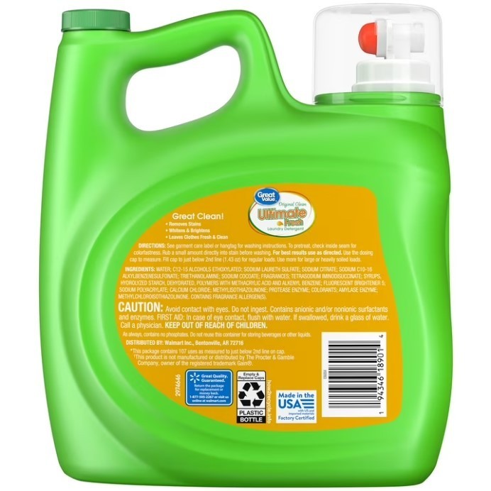 Liquid Laundry Detergent Great Value Original Clean 154 fl oz 107 Loads HE