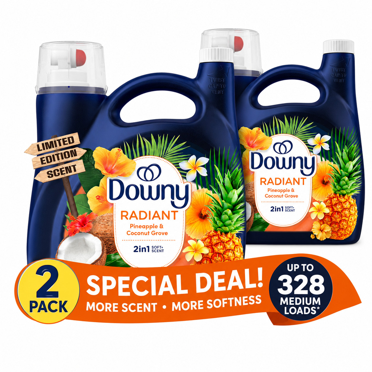 NEW-2 Pack Downy Radiant Liquid Fabric Softener Pineapple Coconut Grove 111oz HE