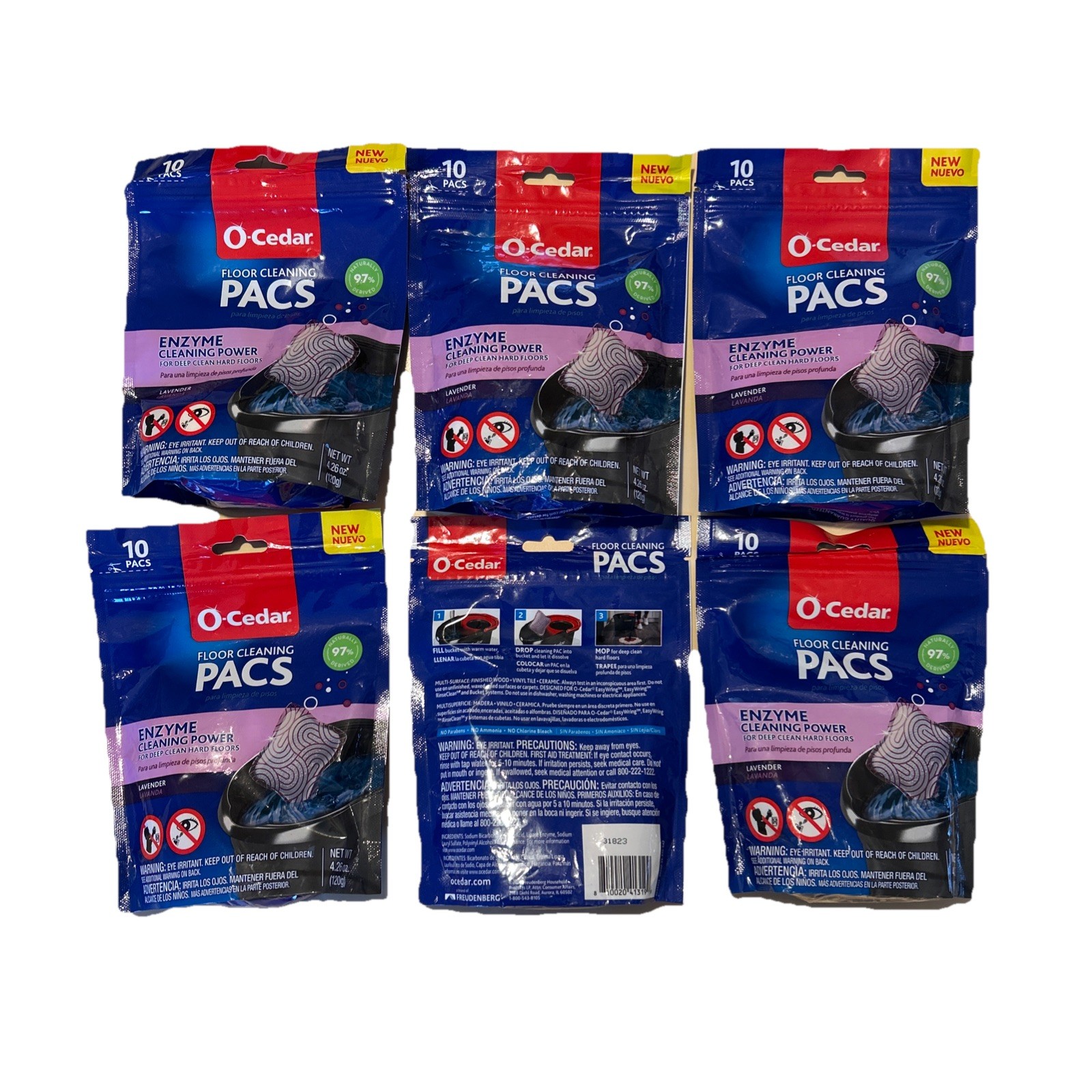 6 O-Cedar PACS Hard Floor Cleaner, Lavender Scent 10 Count Per Pack. 60 Pods