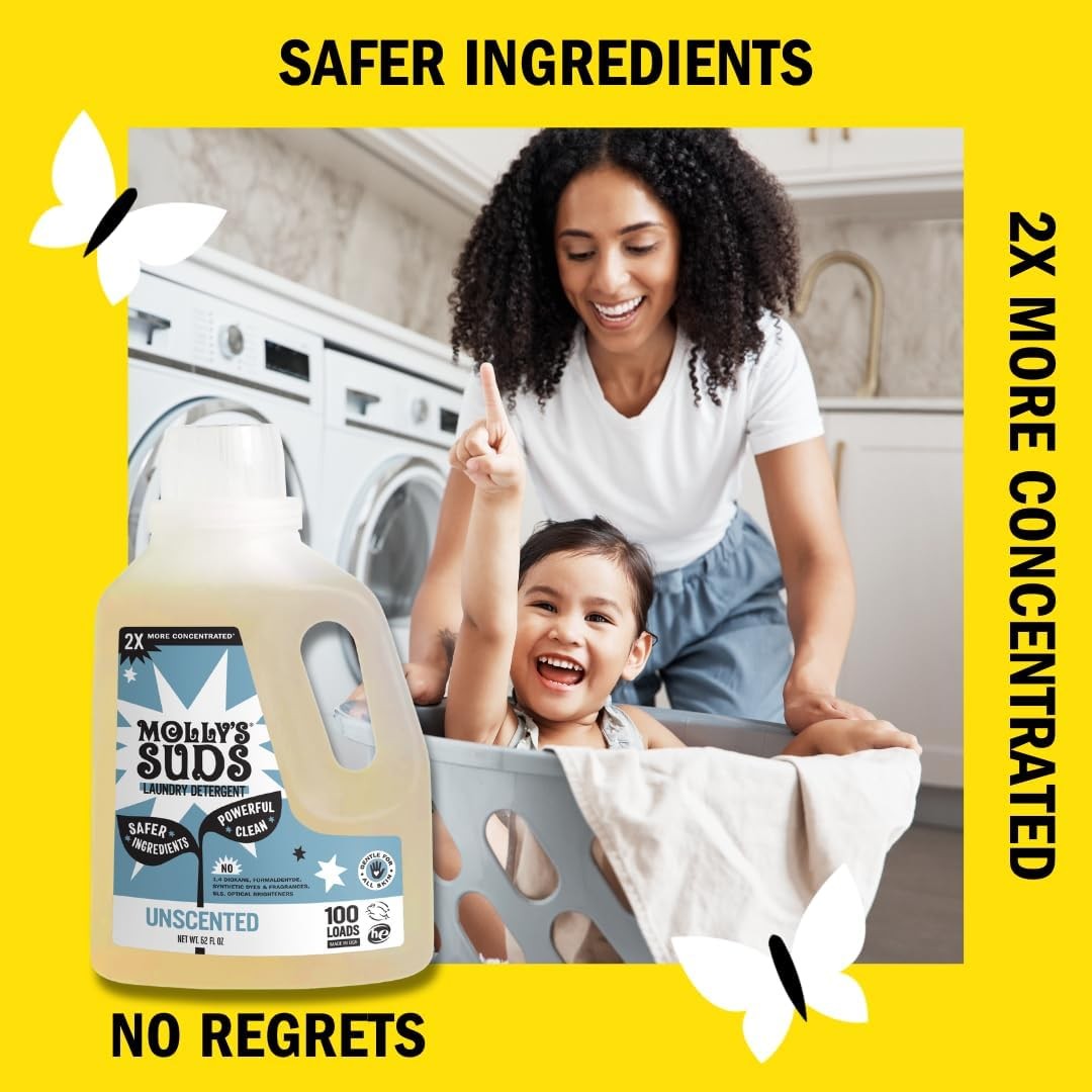 Molly’s Suds Liquid Laundry Detergent – Unscented, 2x Concentrated, 100 Loads