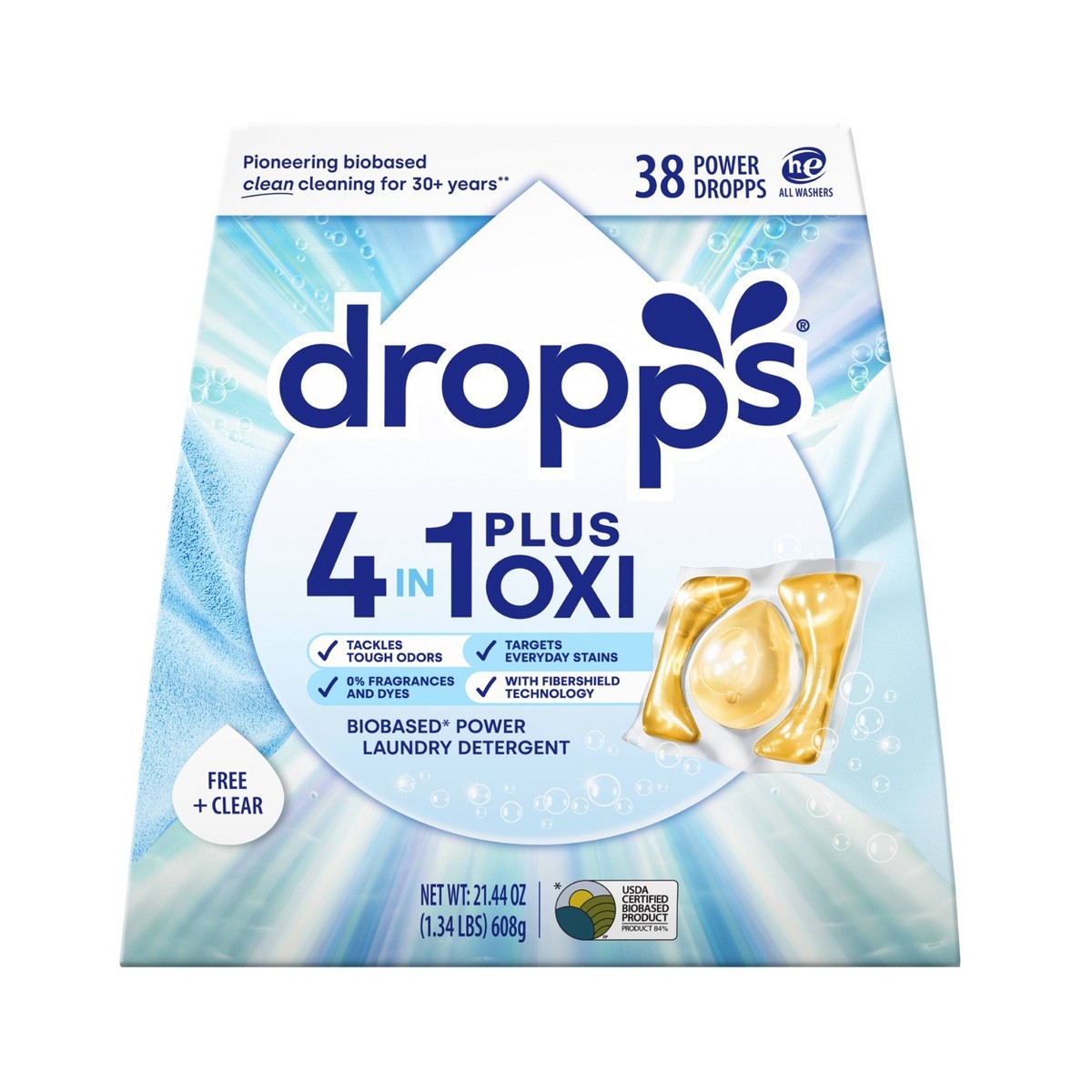 Dropps Unscented Free & Clear 4-in-1 Plus Power Detergent Pods 38 Pacs – 21.44oz