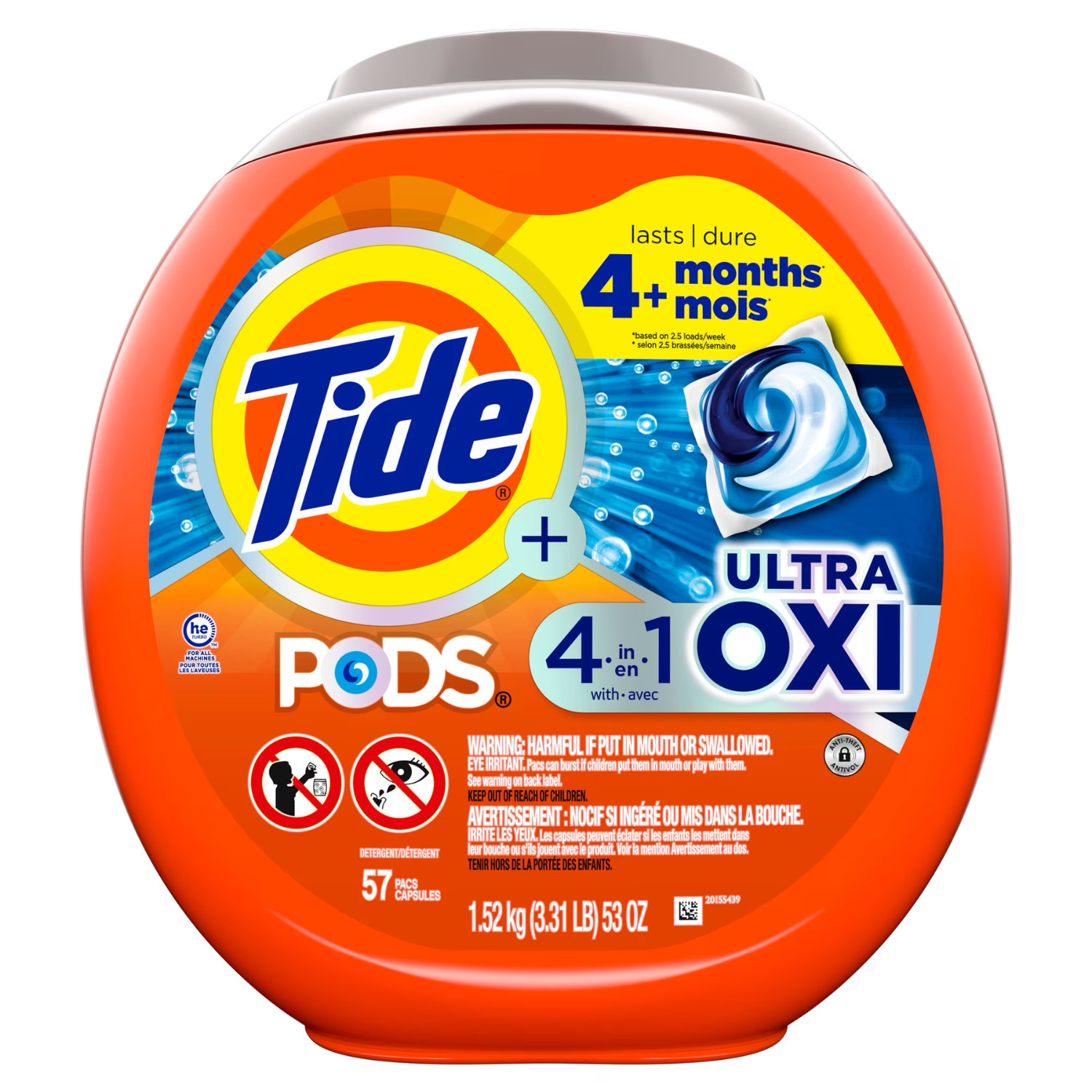 2 Pack Tide PODS Ultra Oxi 57Ct Laundry Detergent Pacs Stain Remover Power Clean