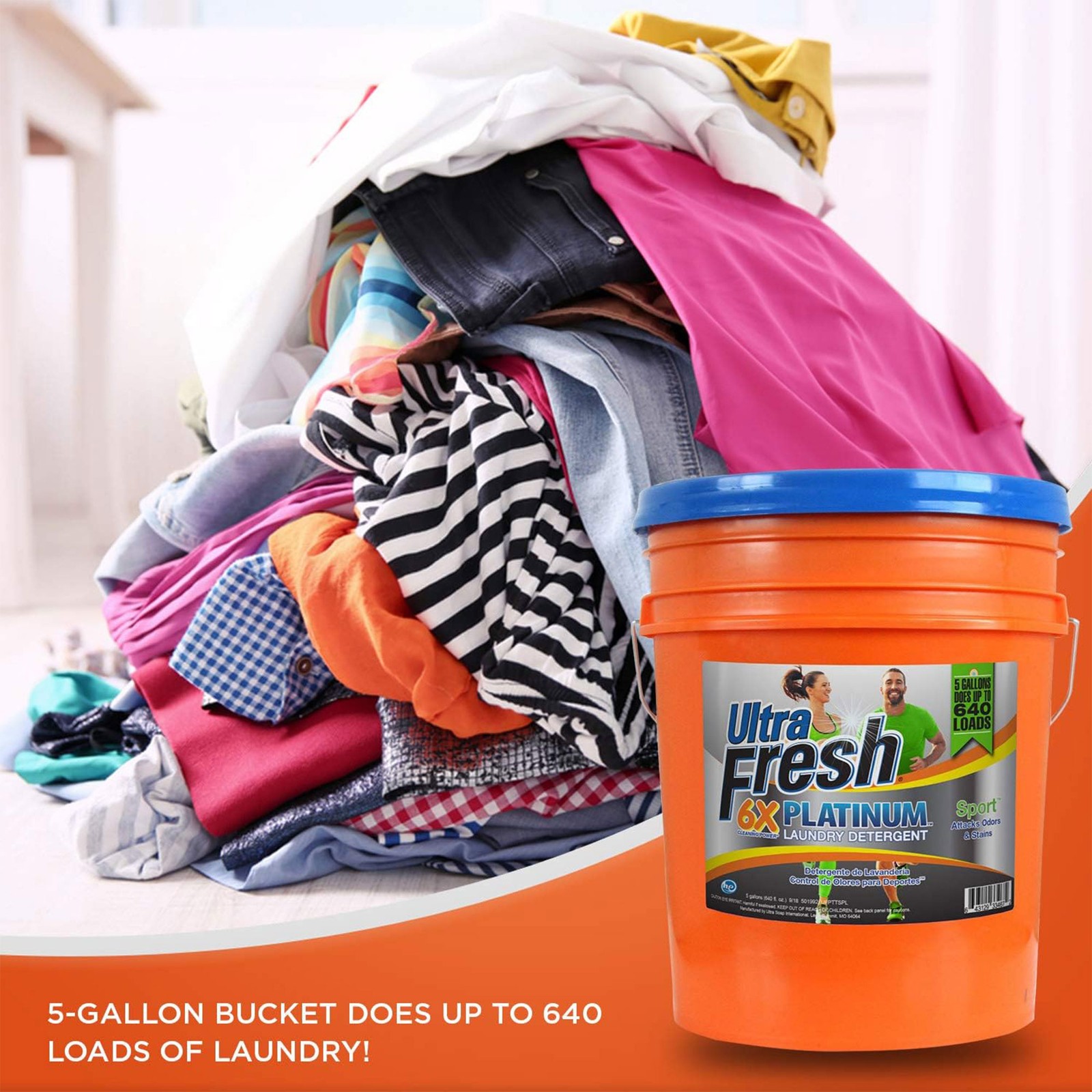 Ultra Fresh 6X Platinum 5 Gallon Sport Laundry Detergent, Up to 640 Loads w/Pump