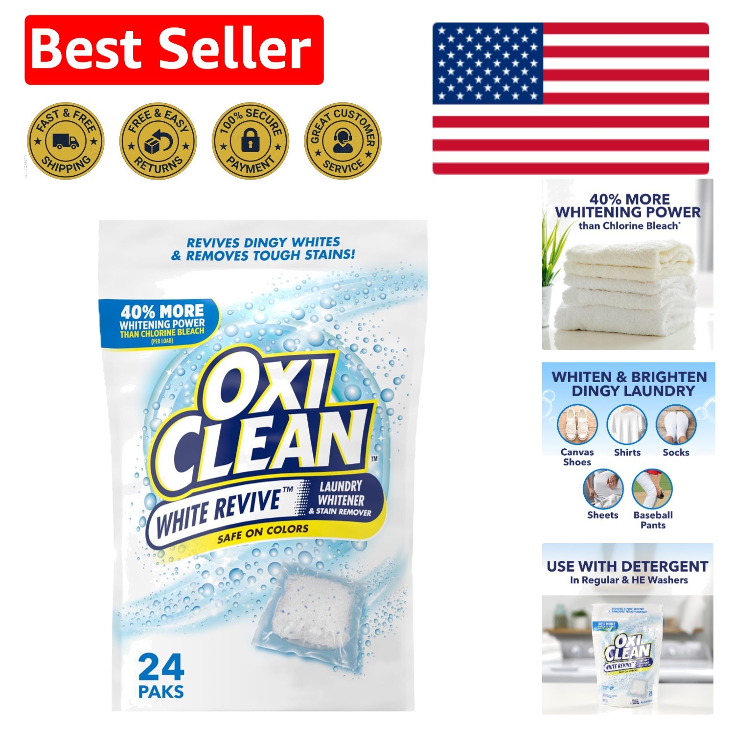 White Revive Laundry Whitener Power Paks – 24 Count Stain Remover & Brightener