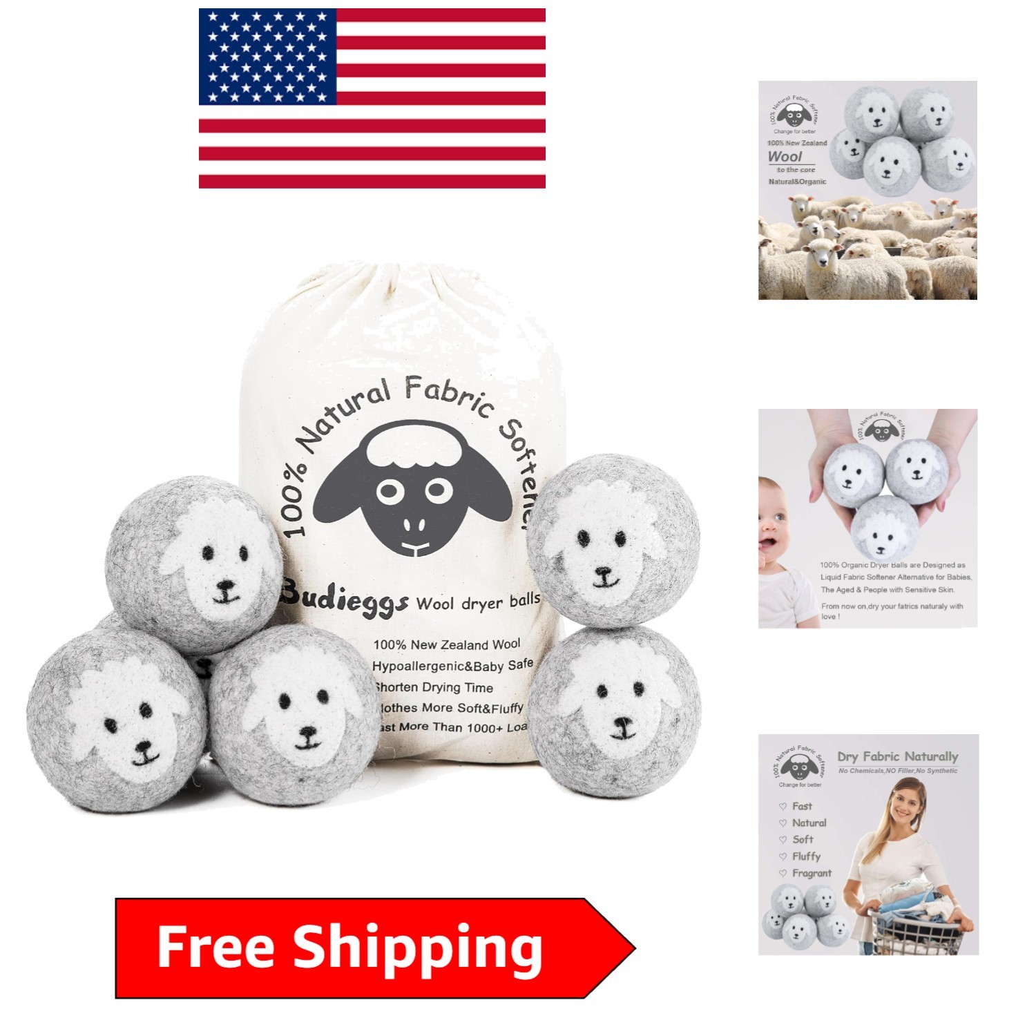 Hypoallergenic Wool Dryer Balls 6-Pack – Reduce Wrinkles & Shorten Drying Time