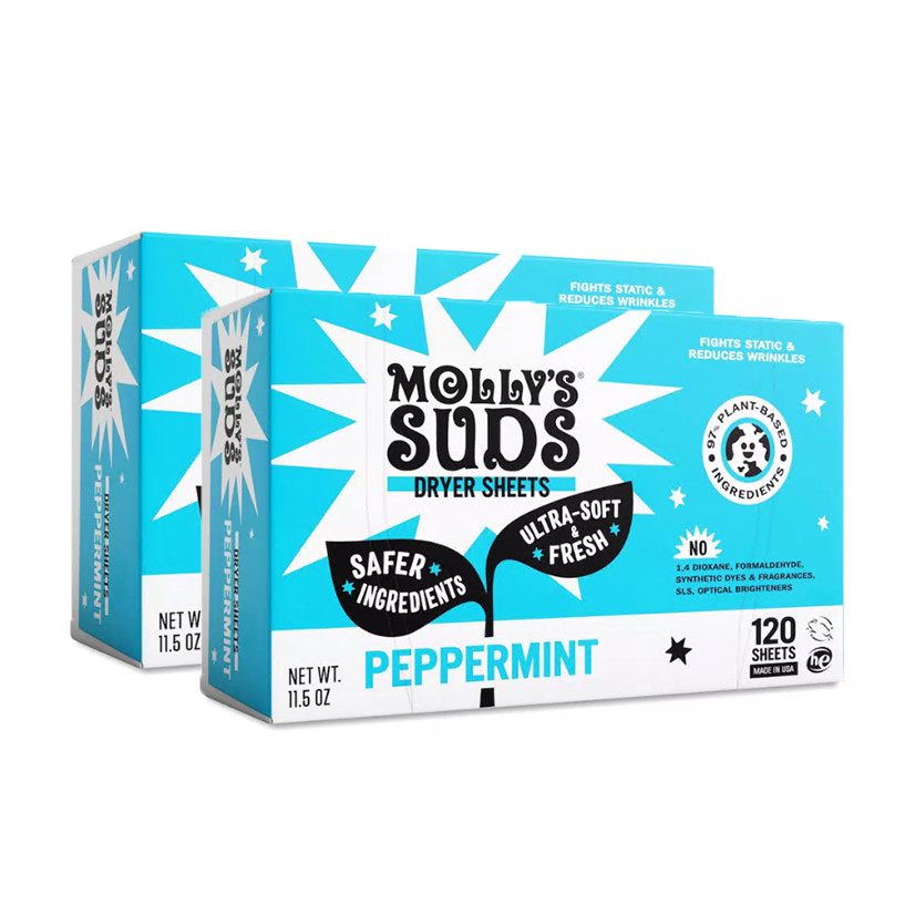 Molly’s Suds Fabric Softener Dryer Sheets, Peppermint 120 Sheets (Pack of 2)