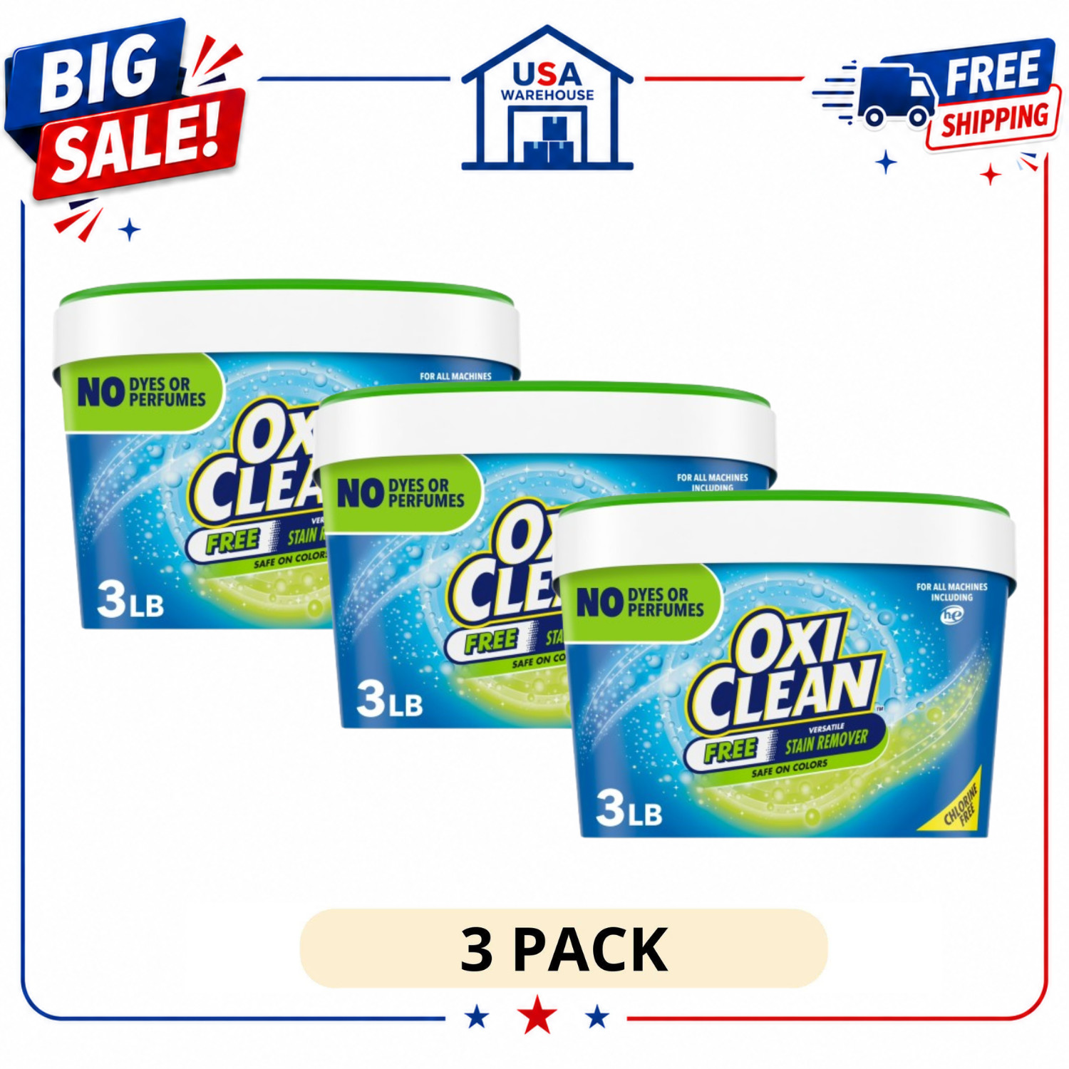 (3 Pack) OxiClean Free Home & Laundry Stain Remover Powder, 3 lb Fragrance Free