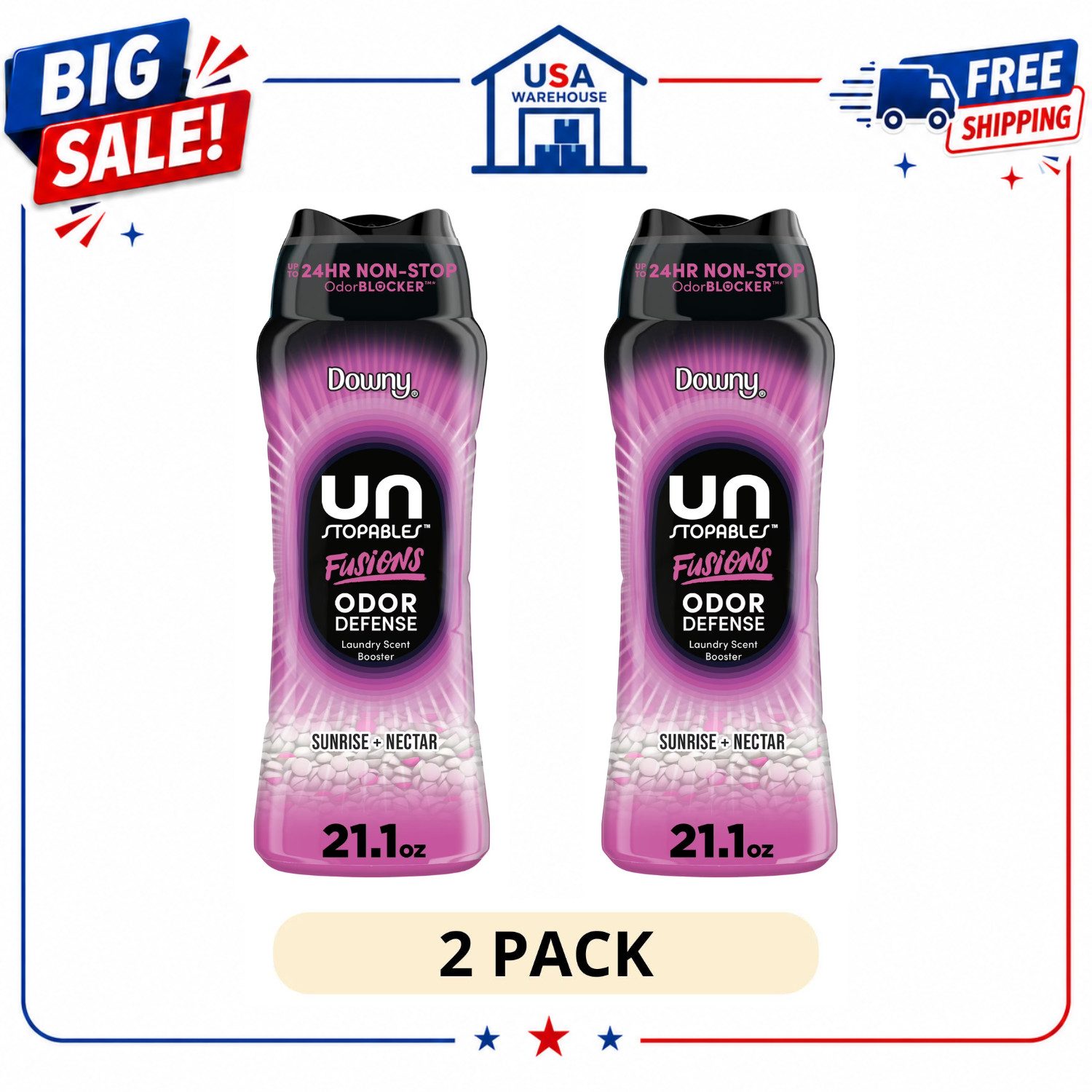 (2 Pack) Downy Unstopables Fusions Odor Defense Scent Booster Beads, 21.1 oz