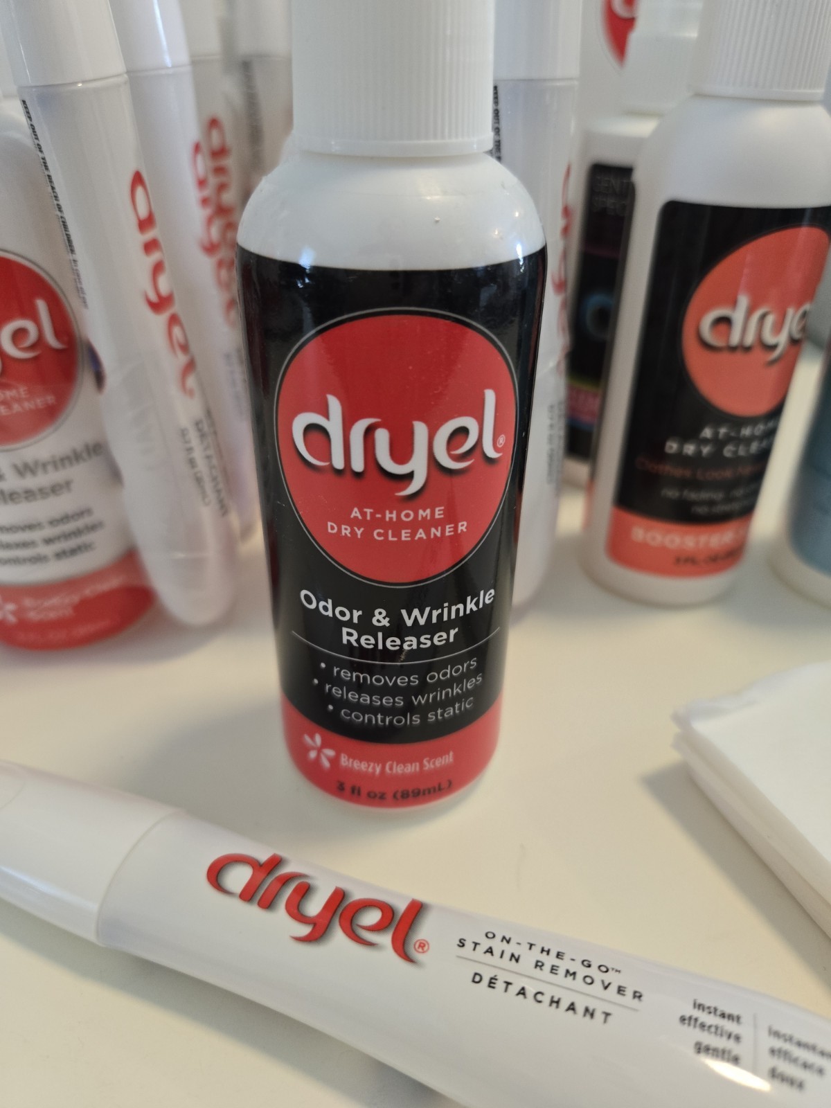 LOT of Dryel Odor Wrinkle Releaser Spray 3oz and On-The-Go Stain Remover Pen Set