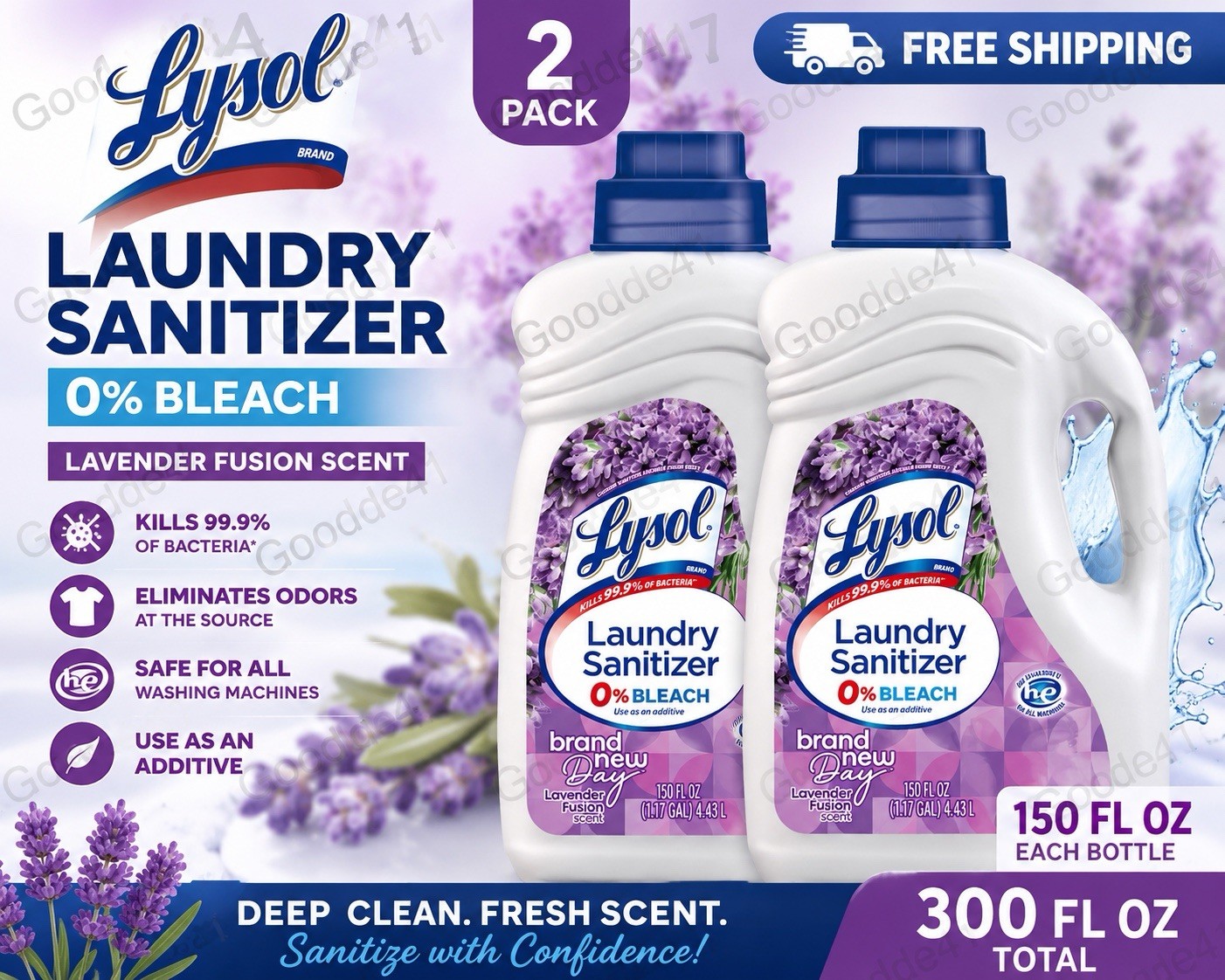Lysol Laundry Sanitizer Lavender Fusion 150 Fl Oz 2 Pack Kills 99.9% Bacteria