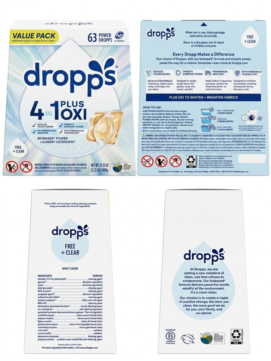 NEW! Dropps 4-in-1 Plus Oxi Laundry Detergent Pods, Free + Clear