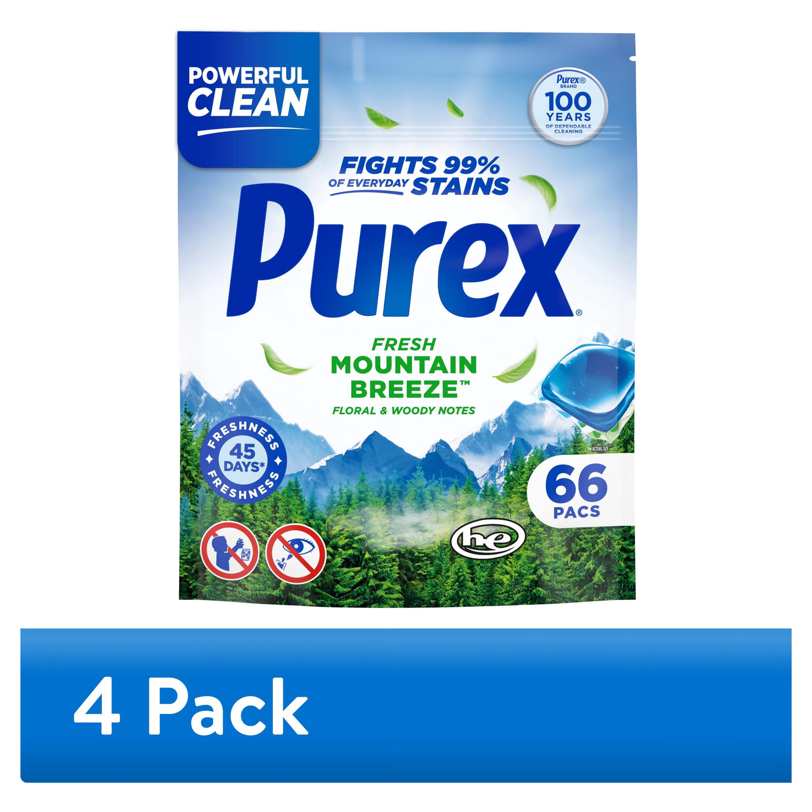 4 pack) Laundry Detergent Pacs, Fresh Mountain Breeze, 66 count