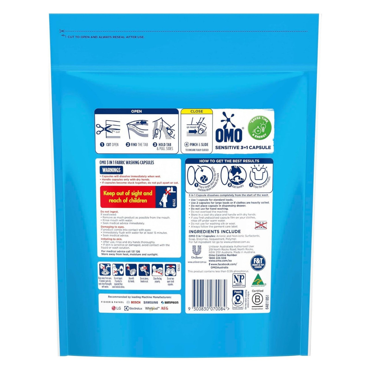 OMO 3in1 Sensitive Fragrance Free Laundry Capsules 120 Pack HE Front Loader