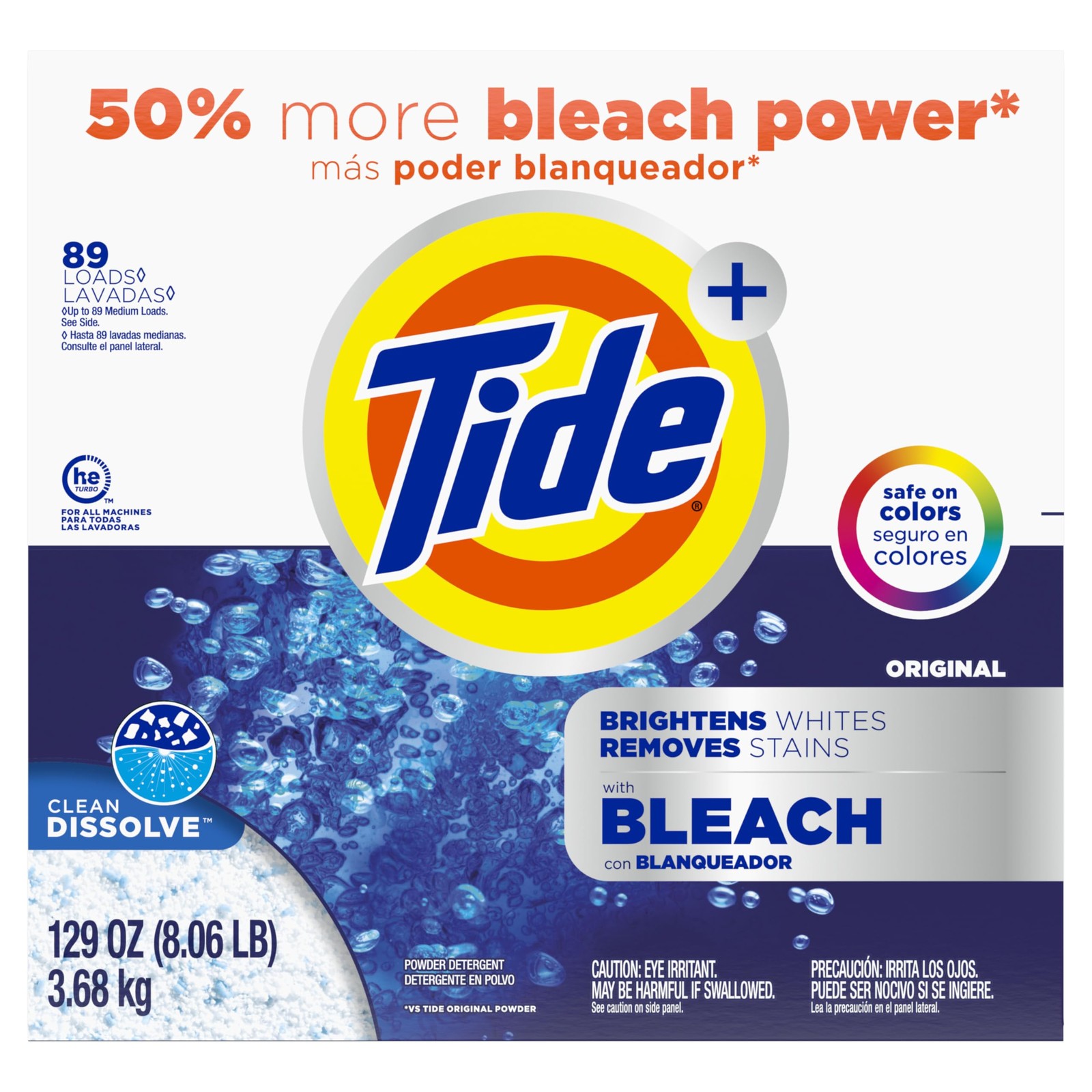 Tide Powder Laundry Detergent with Bleach, Original Scent, 89 Loads, 129 oz