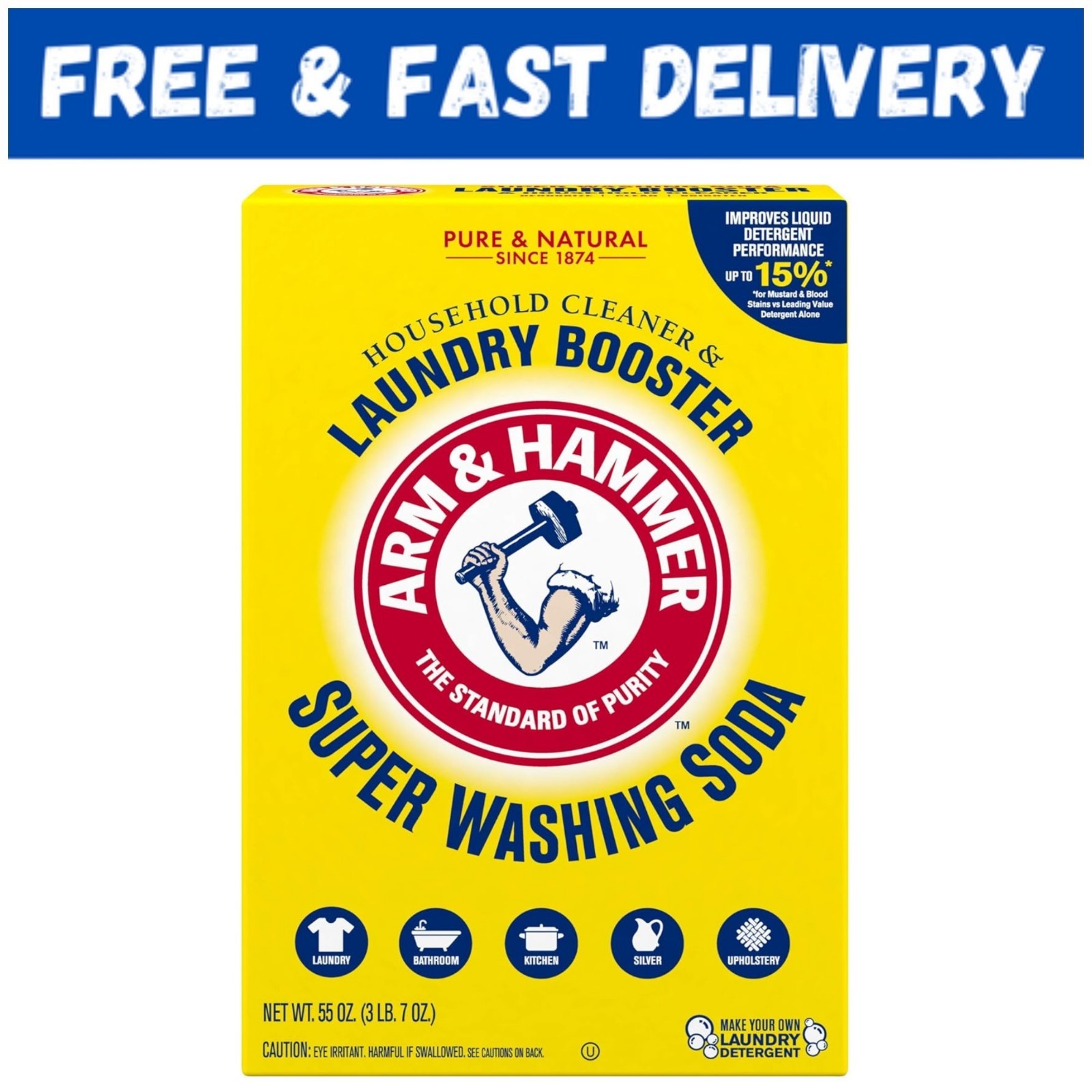 ARM & HAMMER Super Washing Soda Household Cleaner and Laundry Booster, 55 oz Box