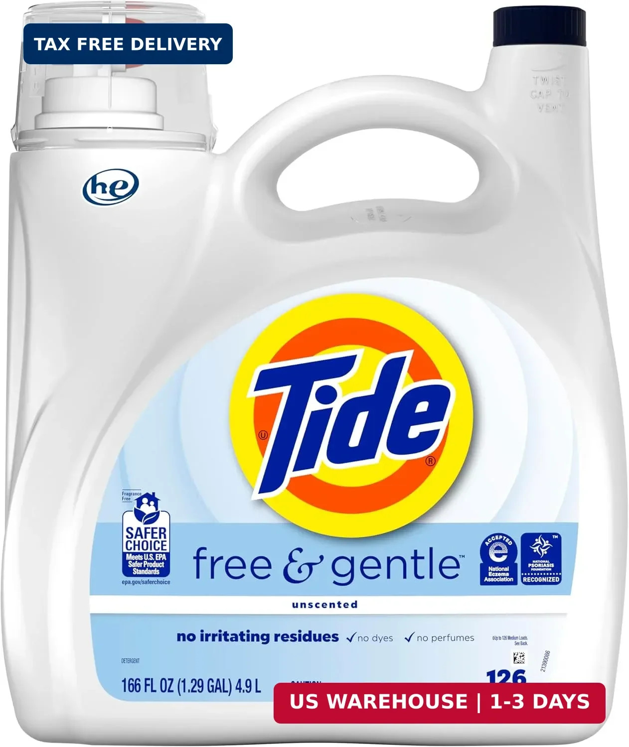 Tide Free & Gentle Liquid Laundry Detergent, 126 Loads, 166 fl oz, Tide Laundry