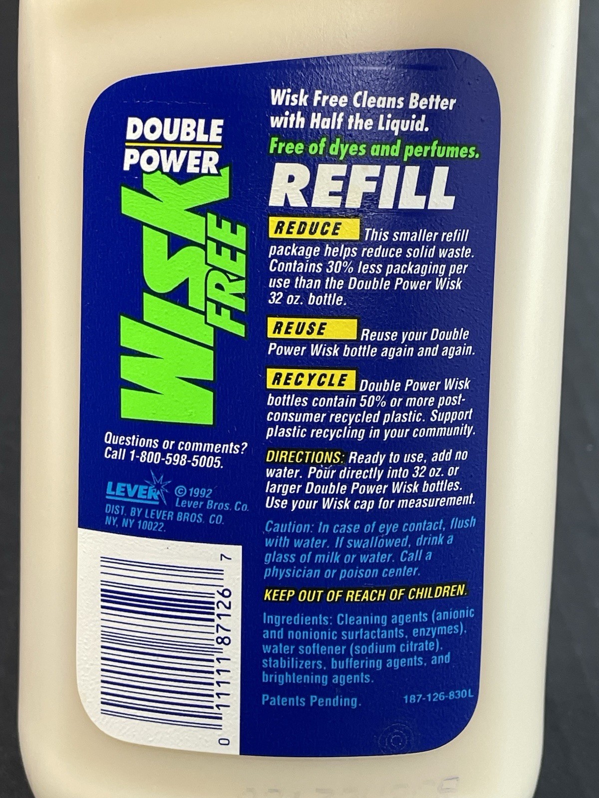 Vintage 1992 Wisk Free Double Power 26 Oz Refill Bottle Concentrated Detergent