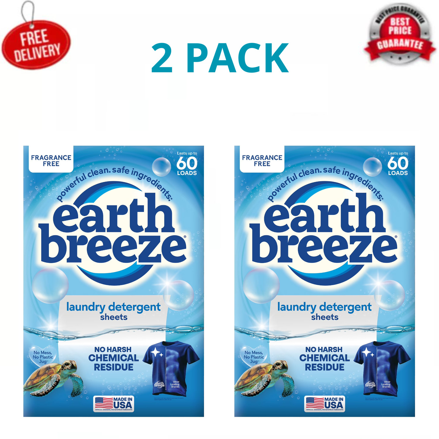 Earth Breeze Laundry Detergent Sheets Fragrance Free 60 Loads Eco, 2 Pack