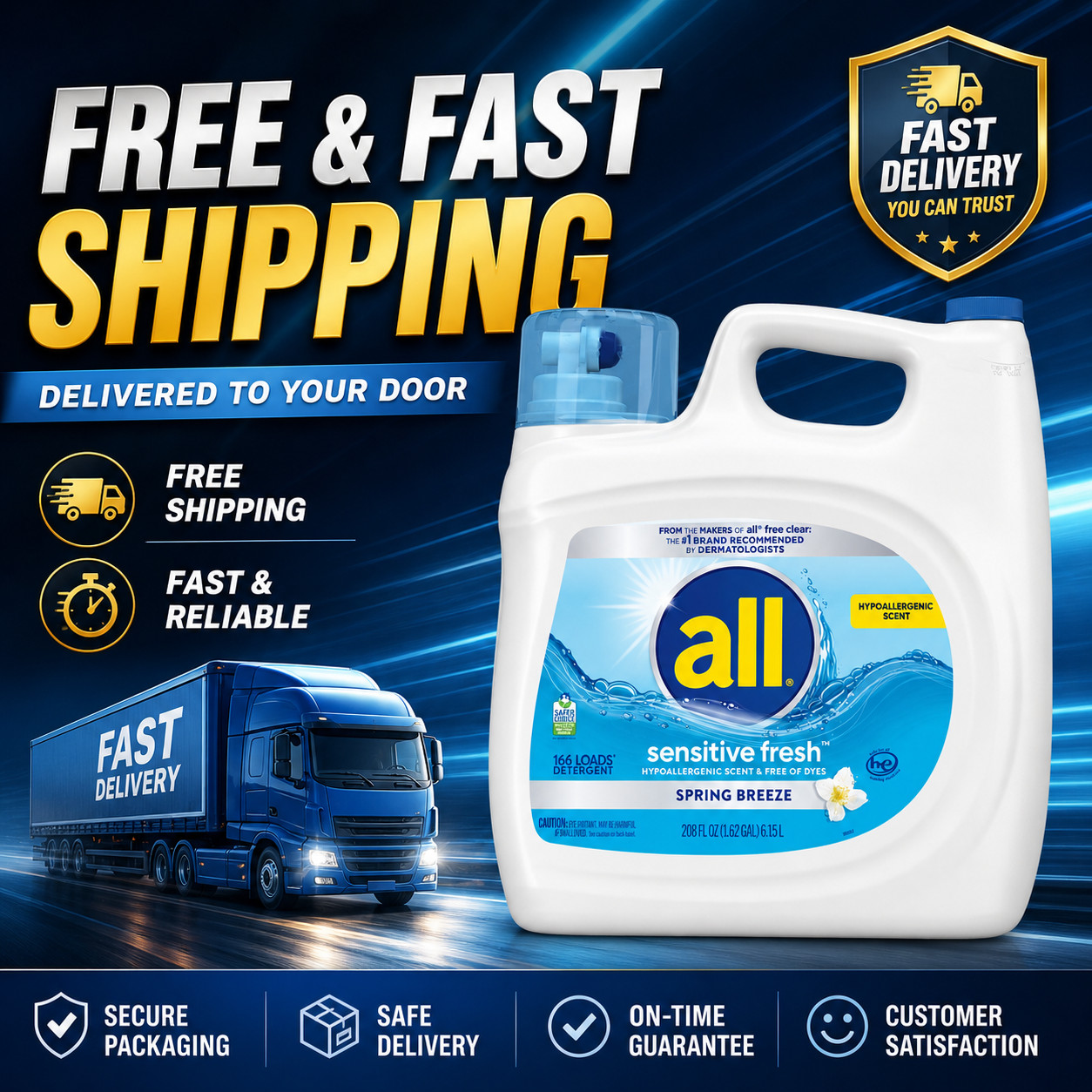 All Sensitive Fresh Liquid Laundry Detergent 208 fl oz 166 Loads Hypoallergenic