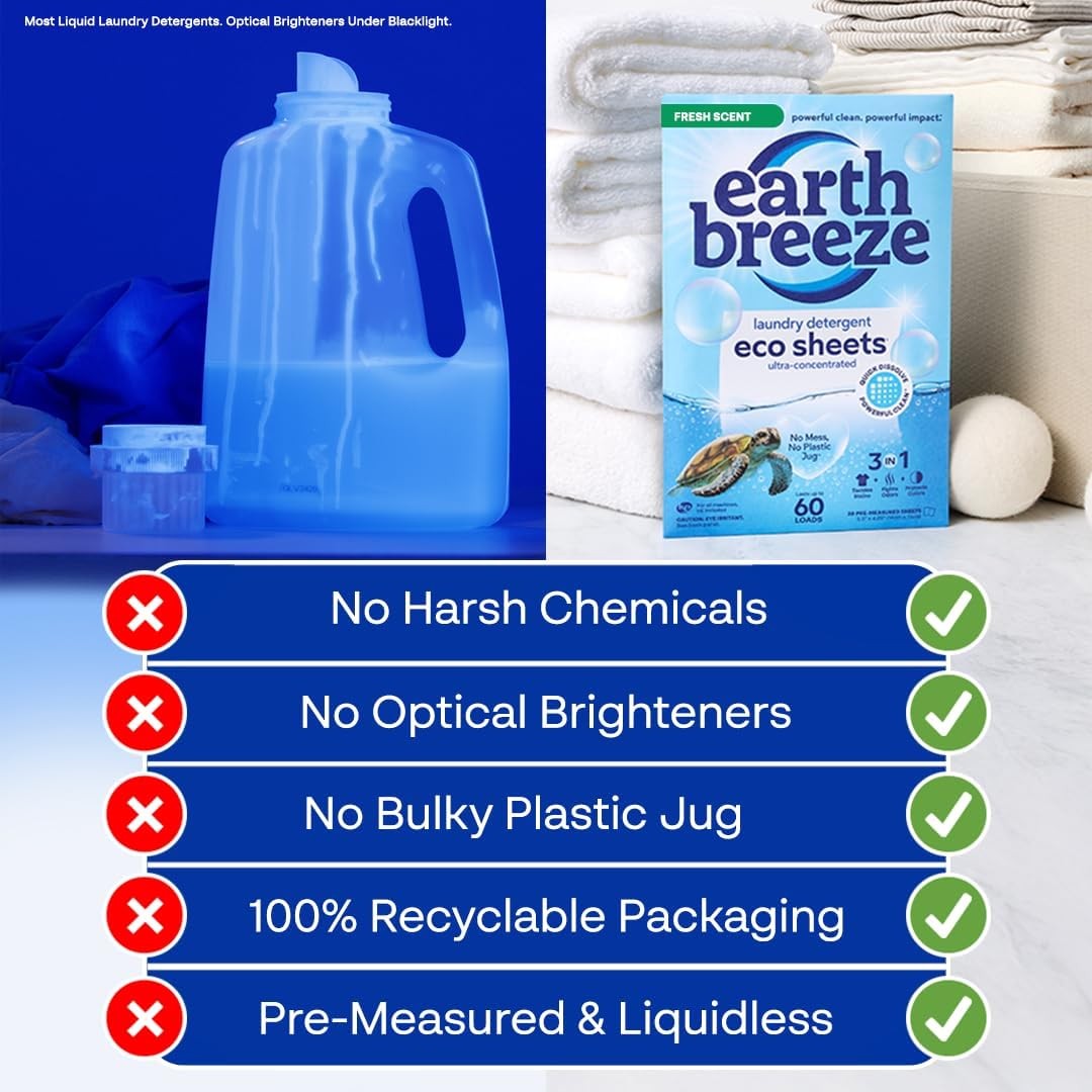 Earth Breeze Laundry Detergent Sheets Fresh Scent – 60 Loads Eco Liquidless…