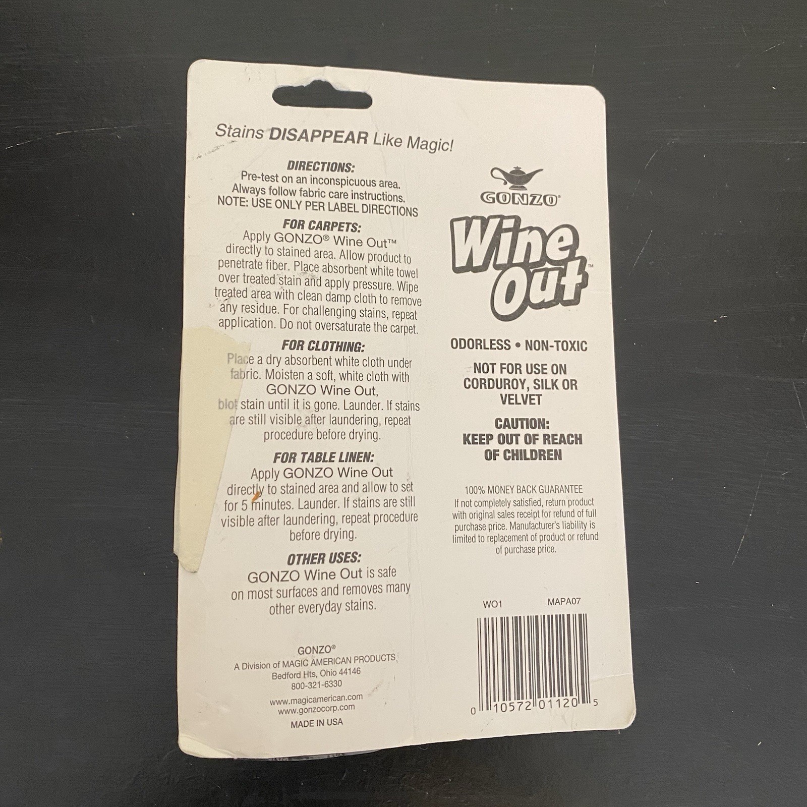 Gonzo Wine Out Red Wine Stain Remover 1 Oz Travel Size Discontinued