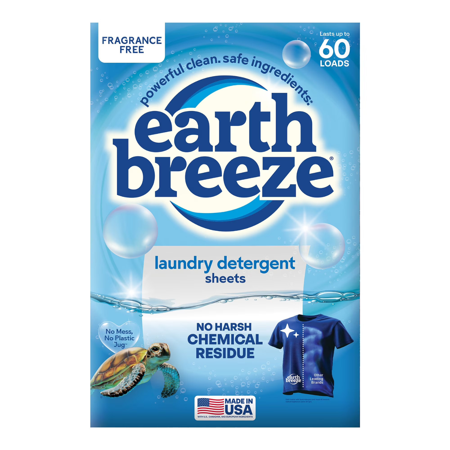 Earth Breeze Laundry Detergent Sheets Fragrance Free 60 Loads Eco, 2 Pack