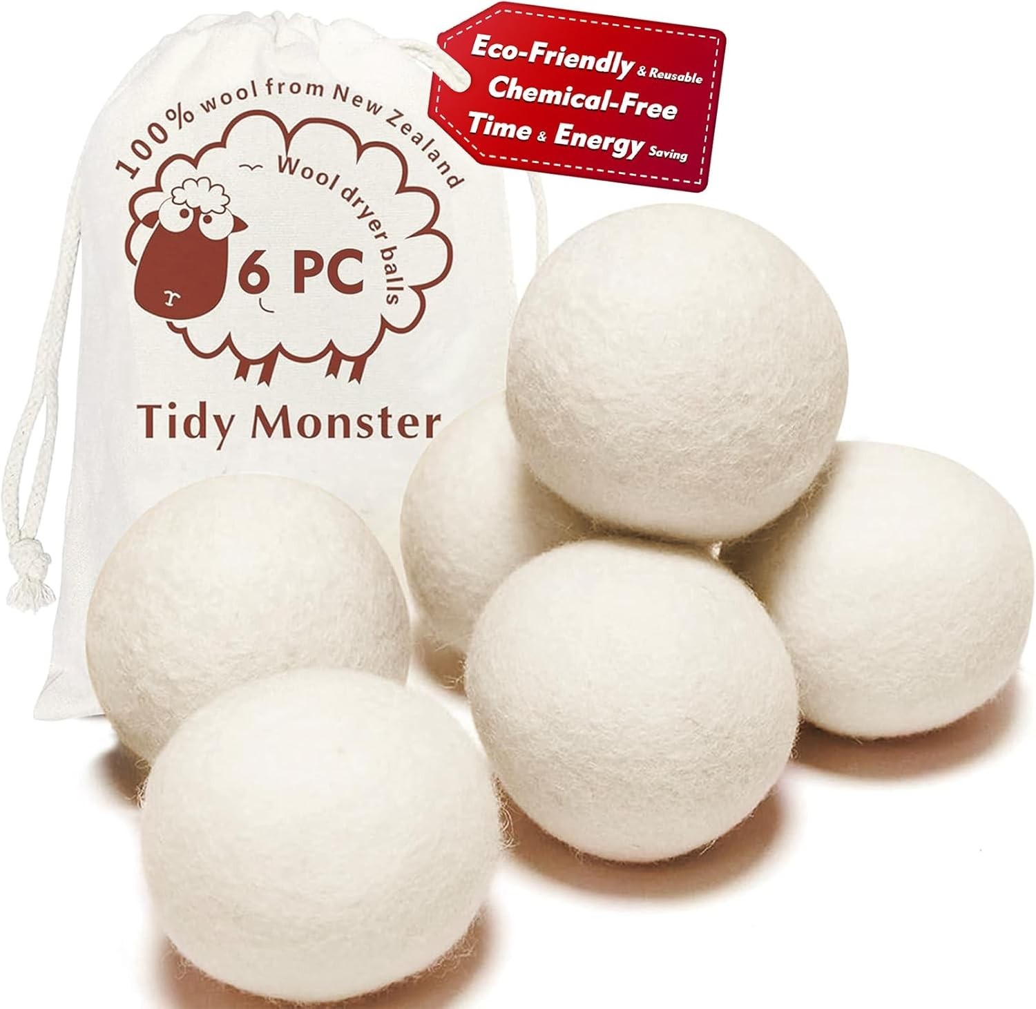 100% New Zealand Wool Dryer Balls XL Size – 6 Pack, Organic & Chemical-Free F…