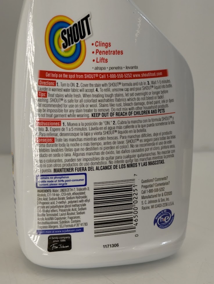 Pack of 8 Shout Active Enzyme Laundry Stain Remover Spray Triple-Acting Formula