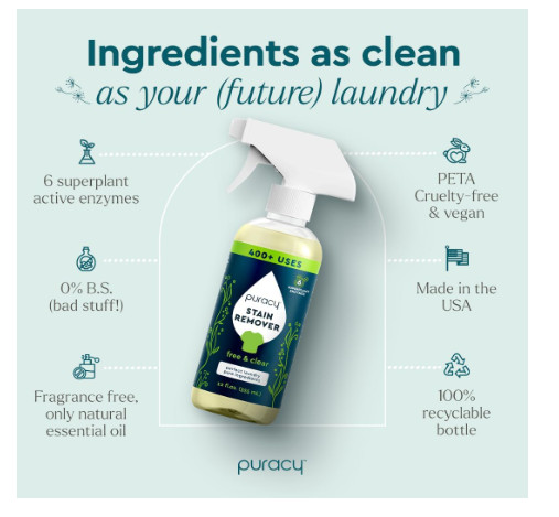 Puracy Stain Remover Spray, Natural Travel and Laundry Stain Cleaner for Clothes